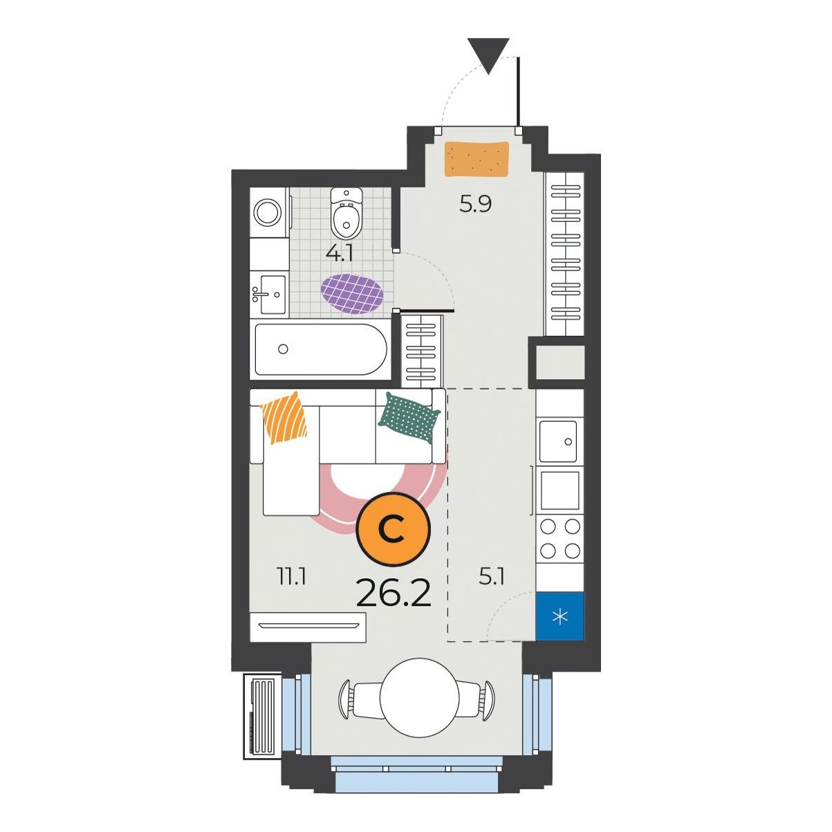Планировка: Студия 26.2 м² в ЖК Корней, Южный