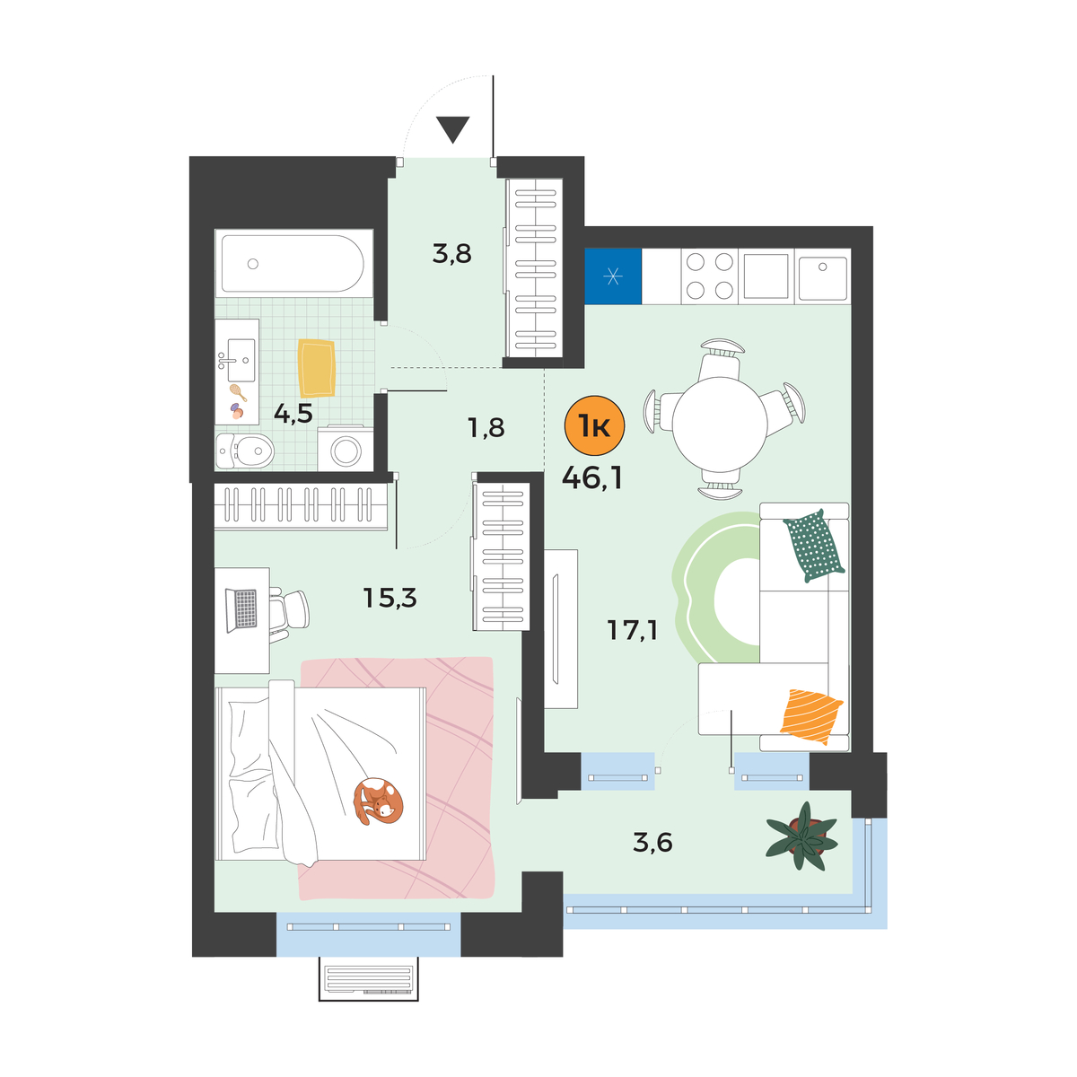 Планировка: Евродвушка 43.6 м² в ЖК Корней, Южный