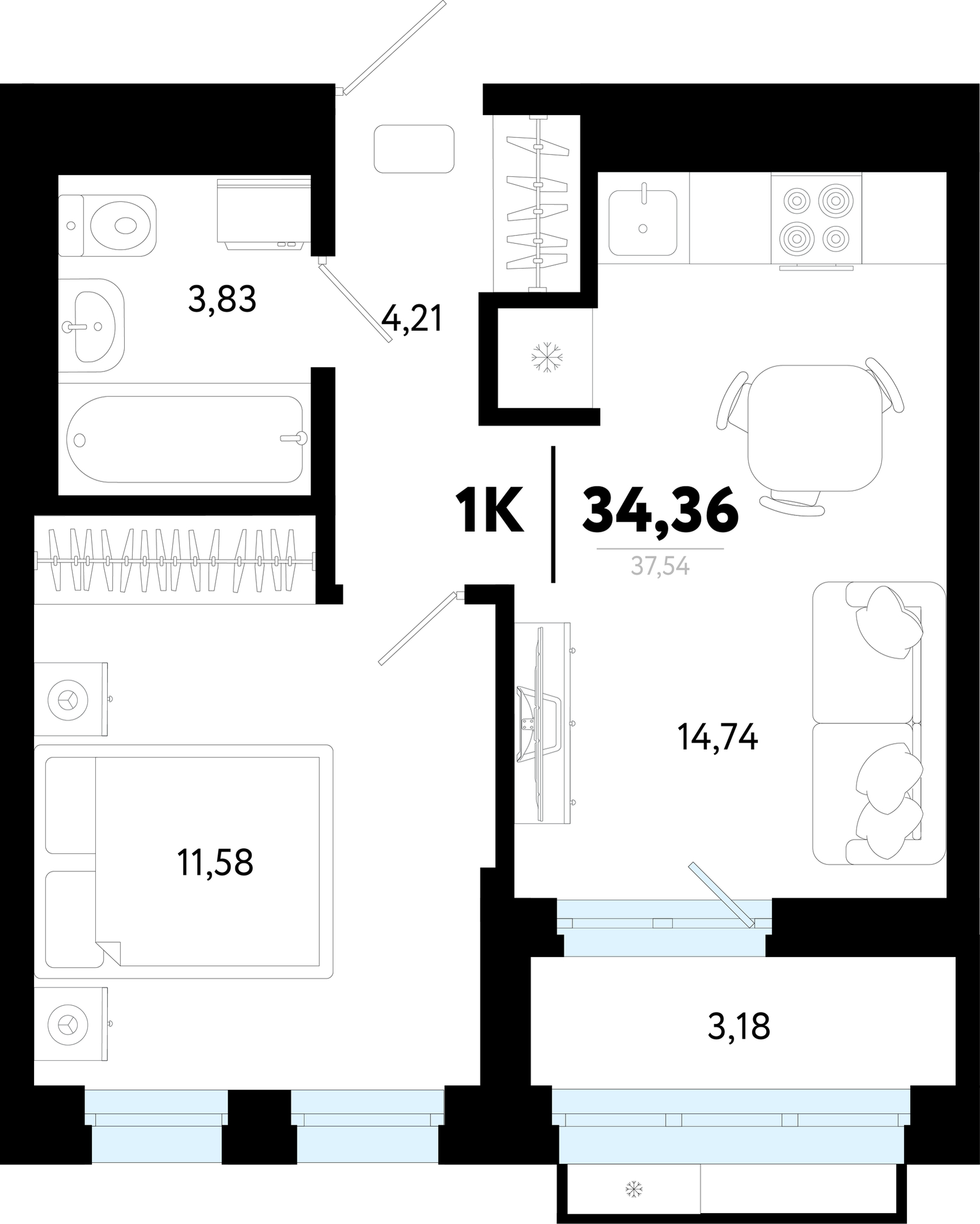 Планировка: Евродвушка 34.4 м² в ЖК Символ, Комарово Парк