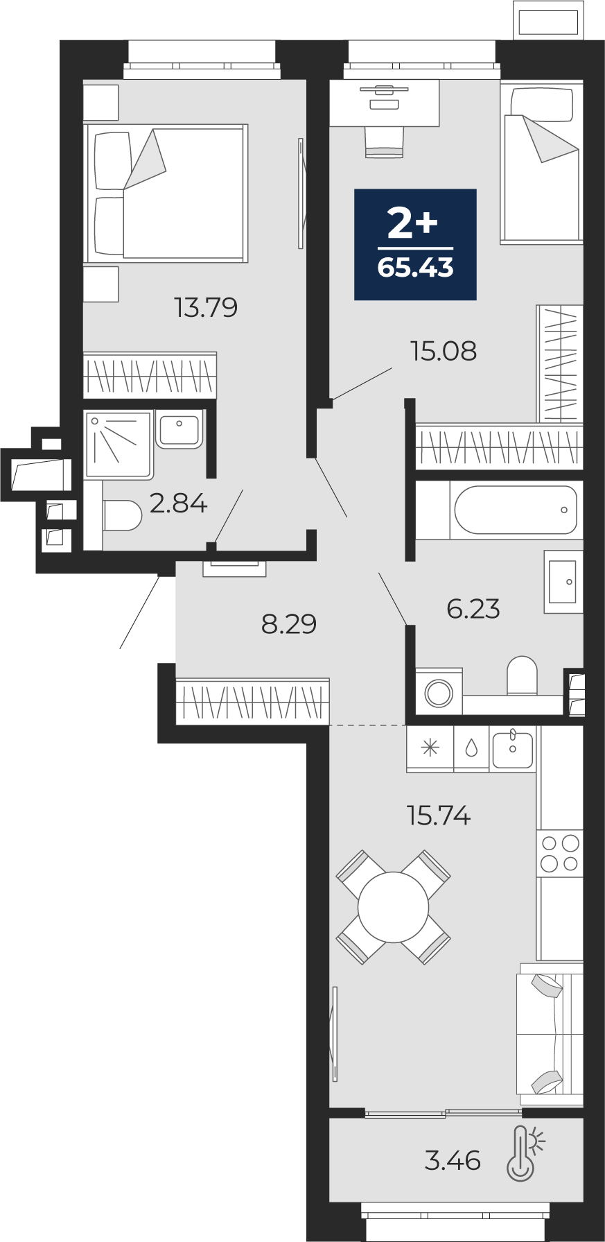 Планировка: Евротрешка 65.4 м² в ЖК Беринг, Лесобаза