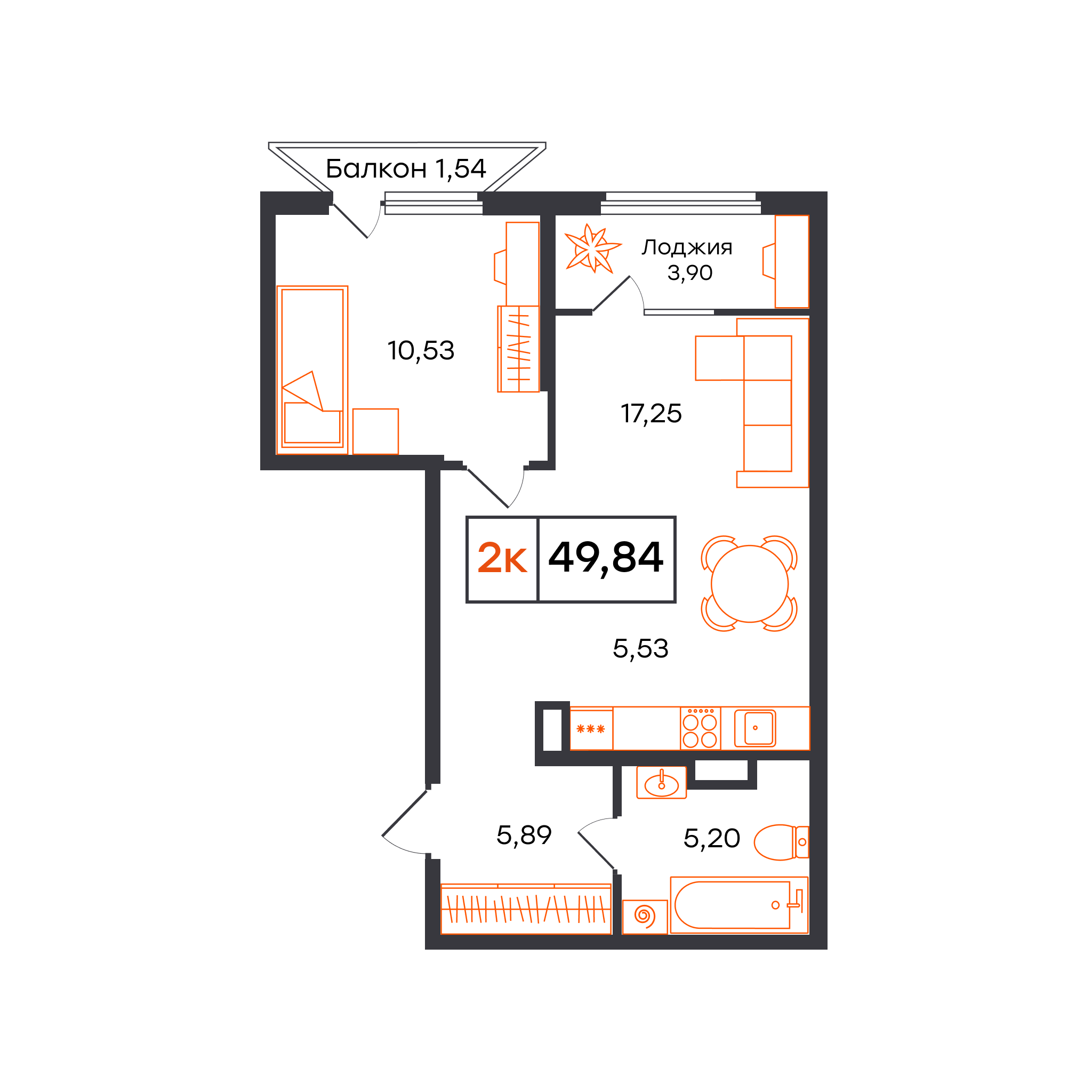 Планировка: Евродвушка 49.8 м² в ЖК Отличие, Комарово Парк