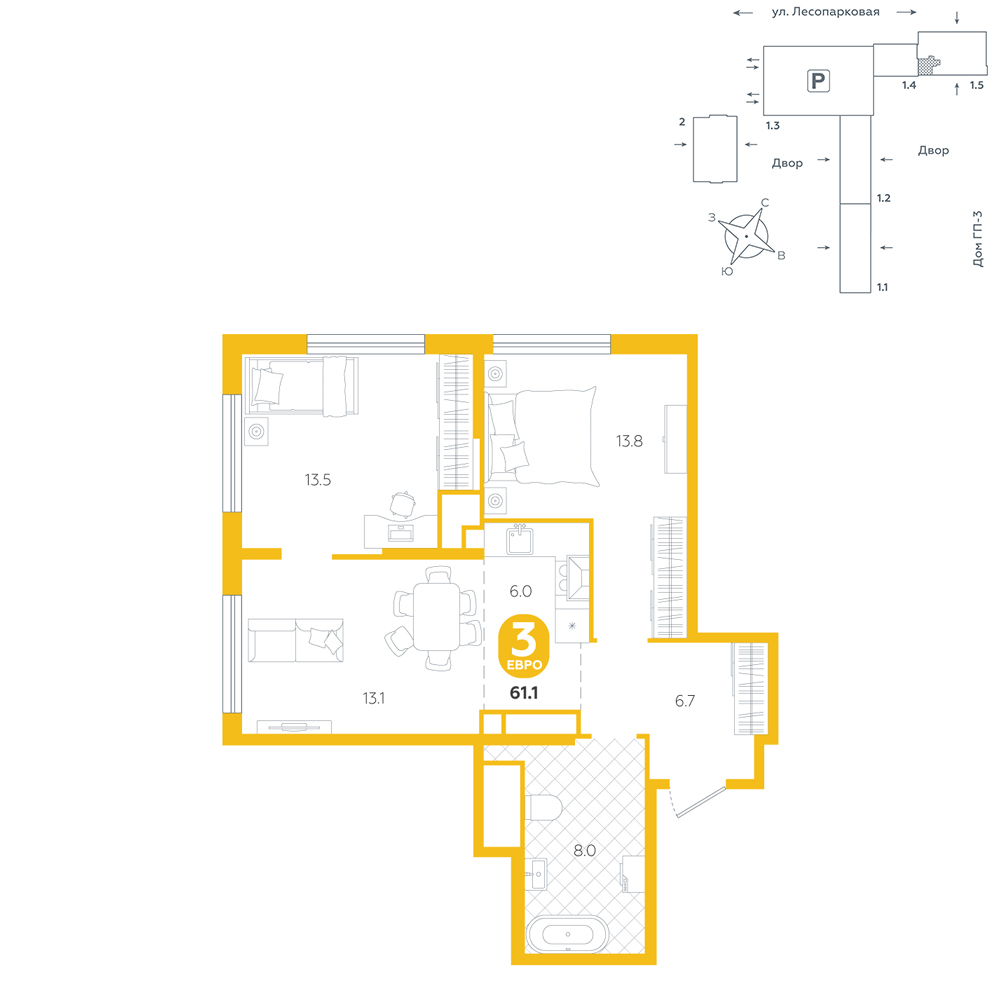 Планировка: Евротрешка 61.1 м² в ЖК Чистые пруды, Лесобаза: Тура