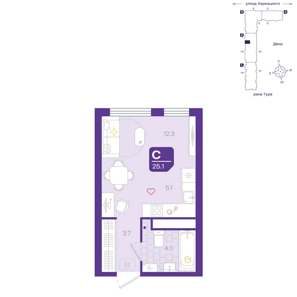 Планировка: Студия 25.1 м² в ЖК Космо, 5-й Заречный