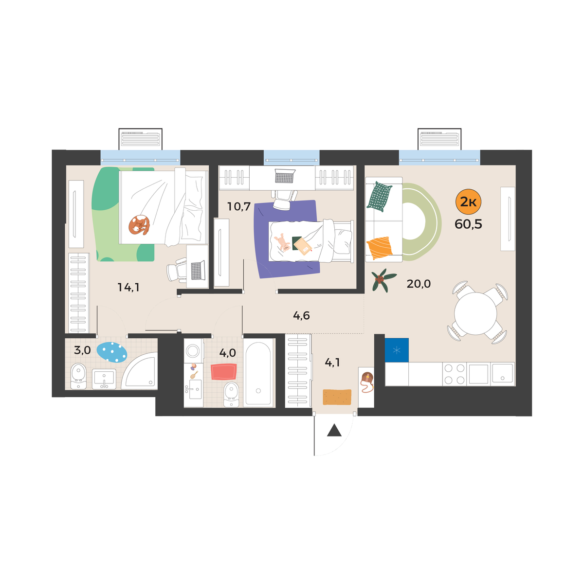 Планировка: Евротрешка 60.5 м² в ЖК Корней, Южный
