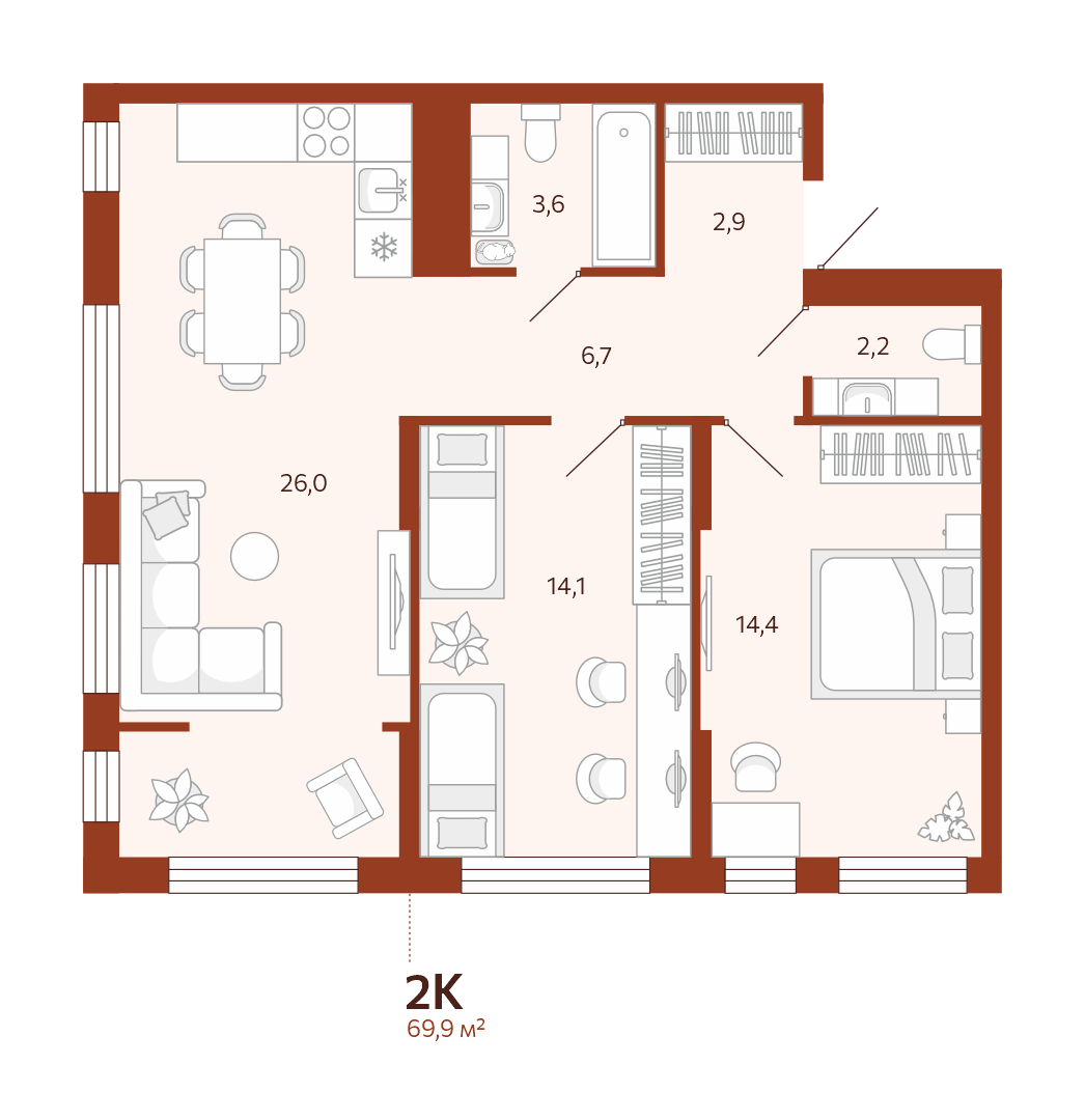 Планировка: Евротрешка 69.9 м² в ЖК Новатор, Центр: КПД