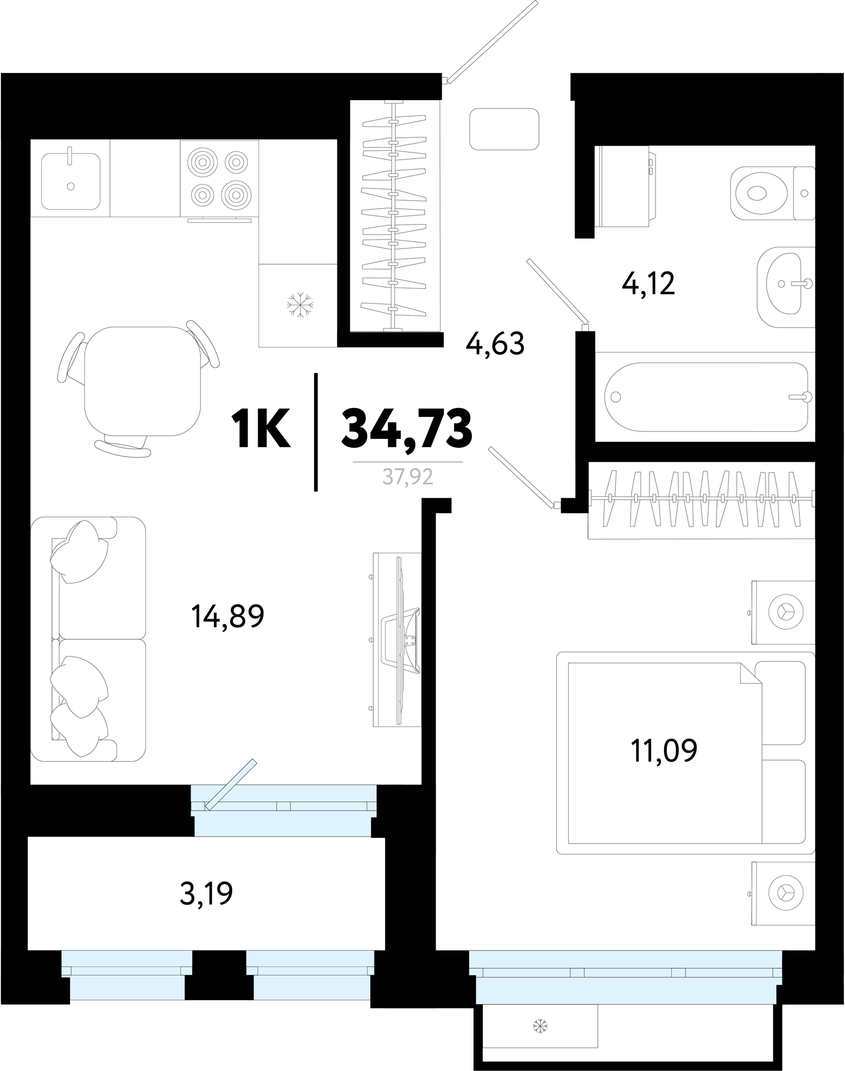 Планировка: Евродвушка 34.7 м² в ЖК Символ, Комарово Парк