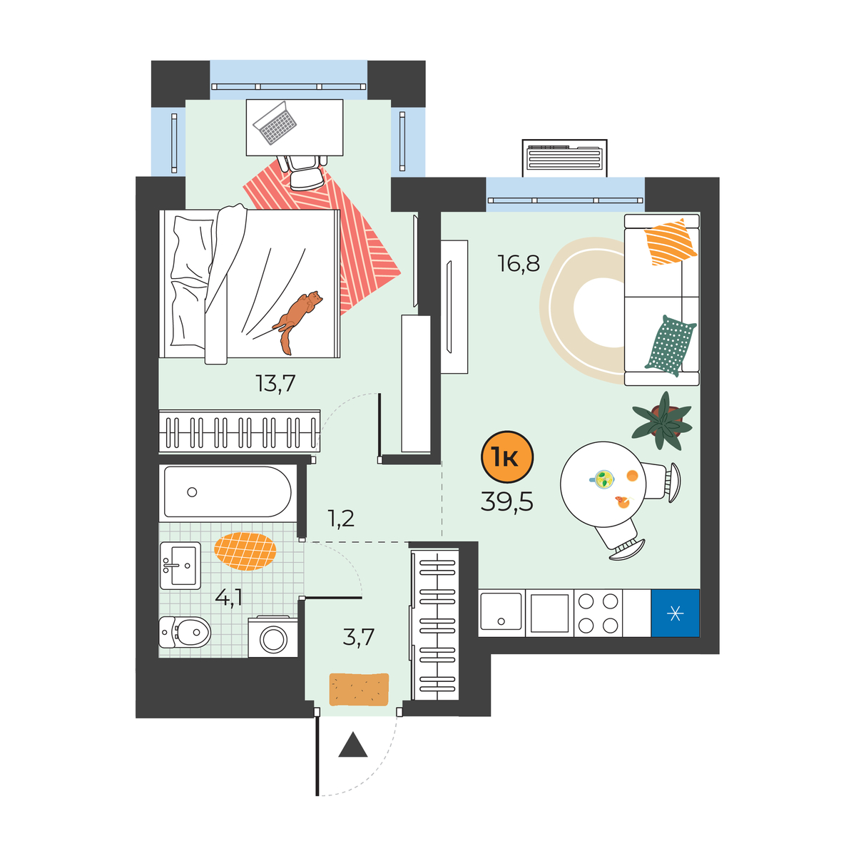 Планировка: Евродвушка 39.5 м² в ЖК Корней, Южный