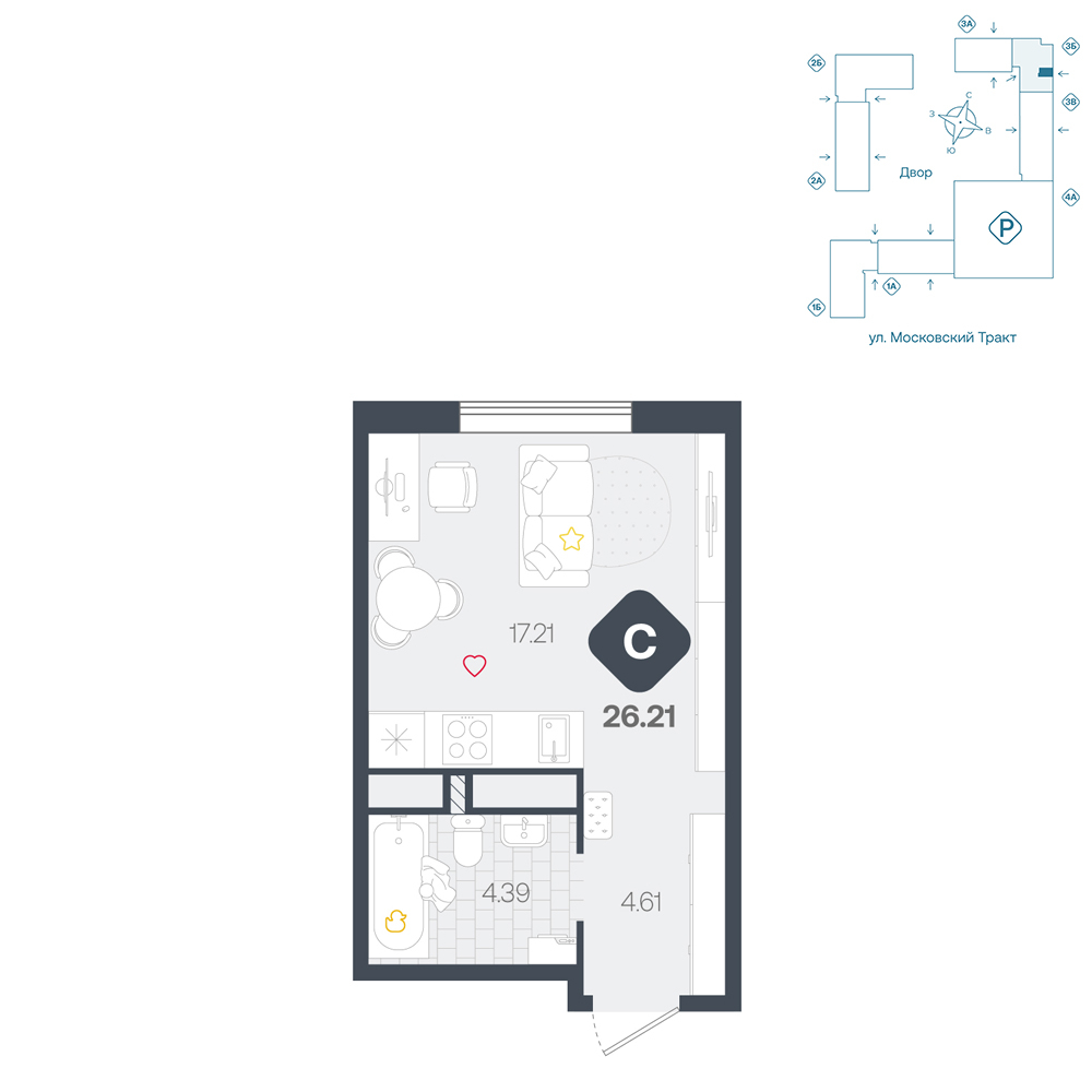Планировка: Студия 26.2 м² в ЖК Сибирский, Московский тракт