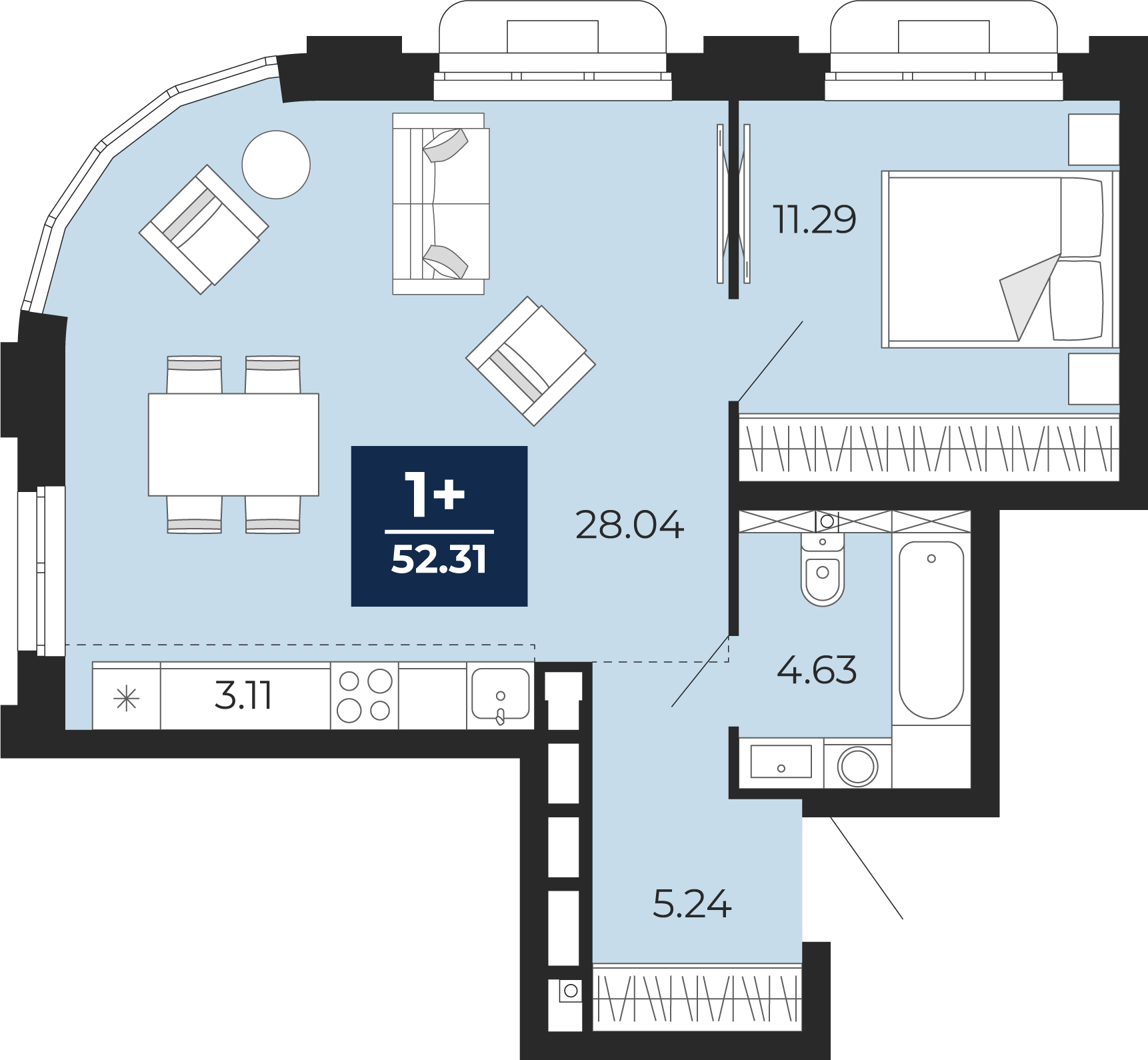 Планировка: Евродвушка 52.3 м² в ЖК Айвазовский, 5-й Заречный