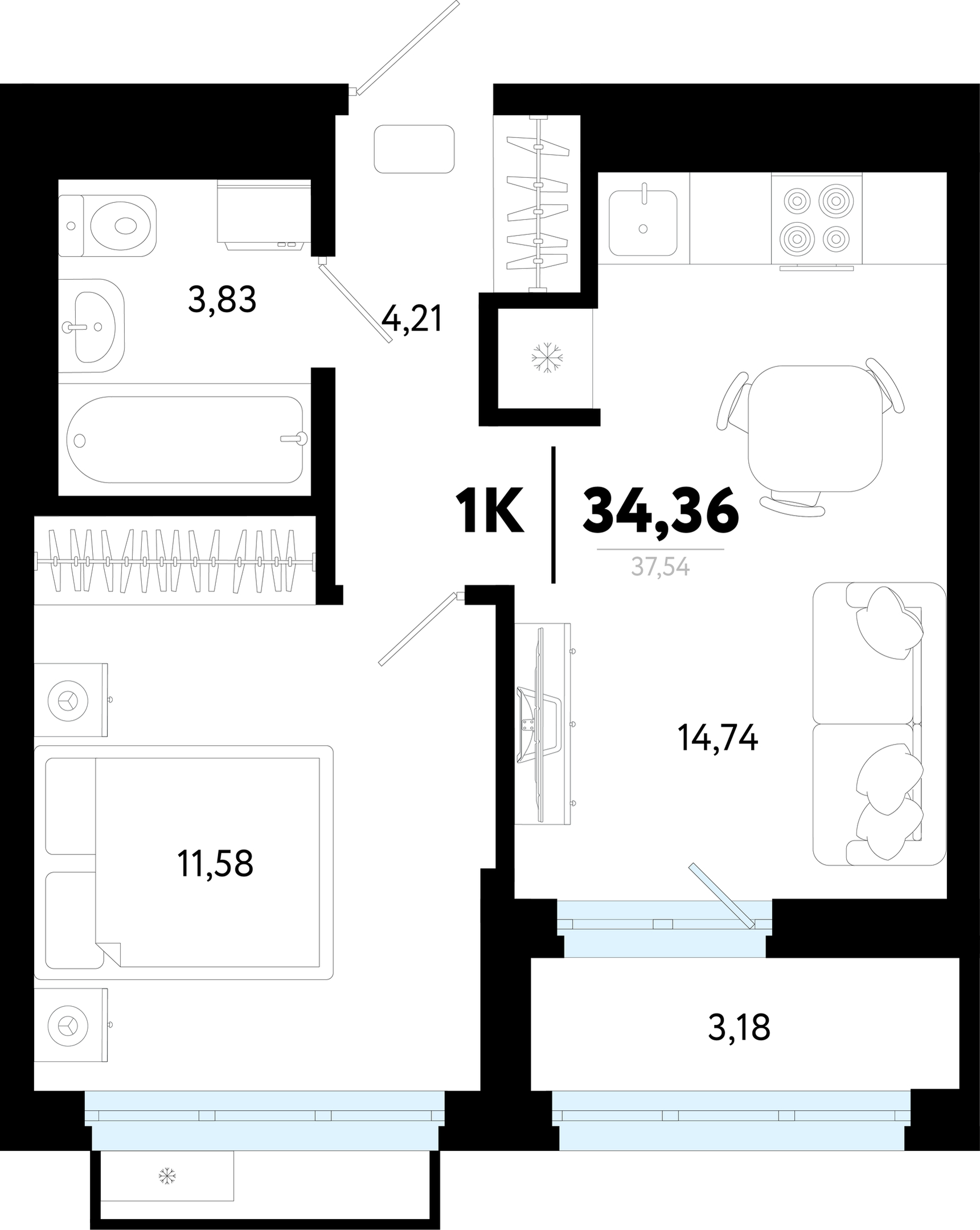 Планировка: Евродвушка 34.4 м² в ЖК Символ, Комарово Парк