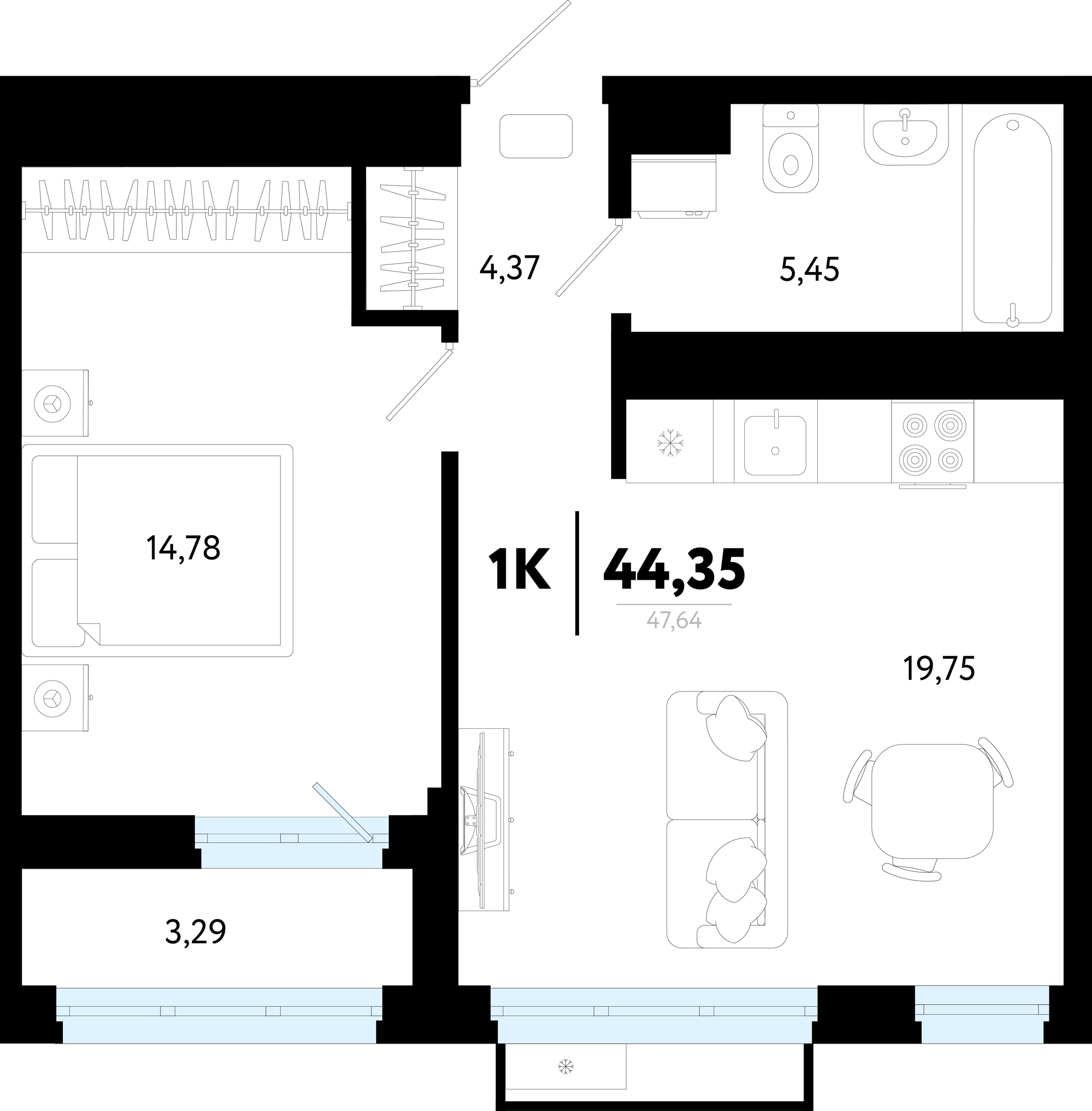Планировка: Евродвушка 44.4 м² в ЖК Символ, Комарово Парк