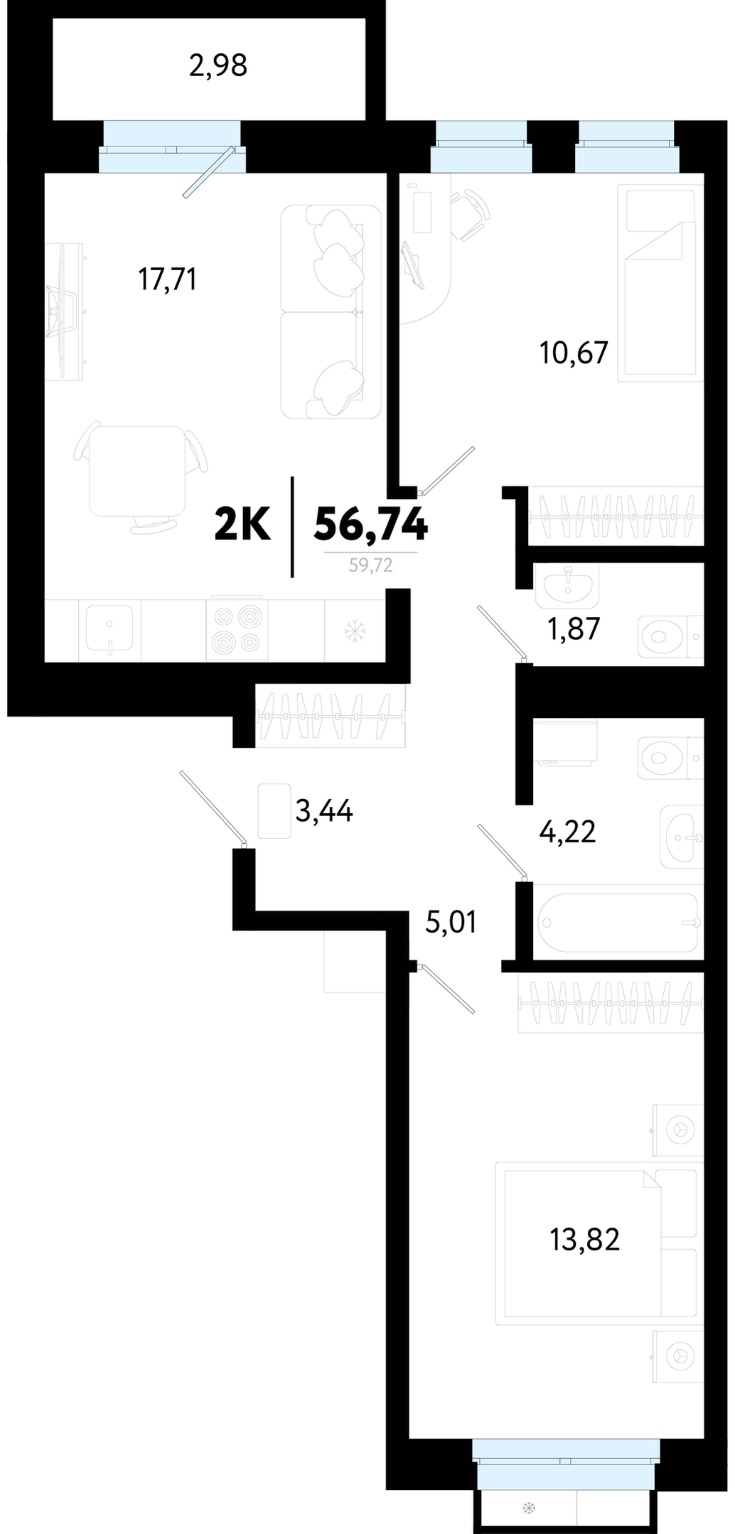 Планировка: Евротрешка 56.7 м² в ЖК Символ, Комарово Парк