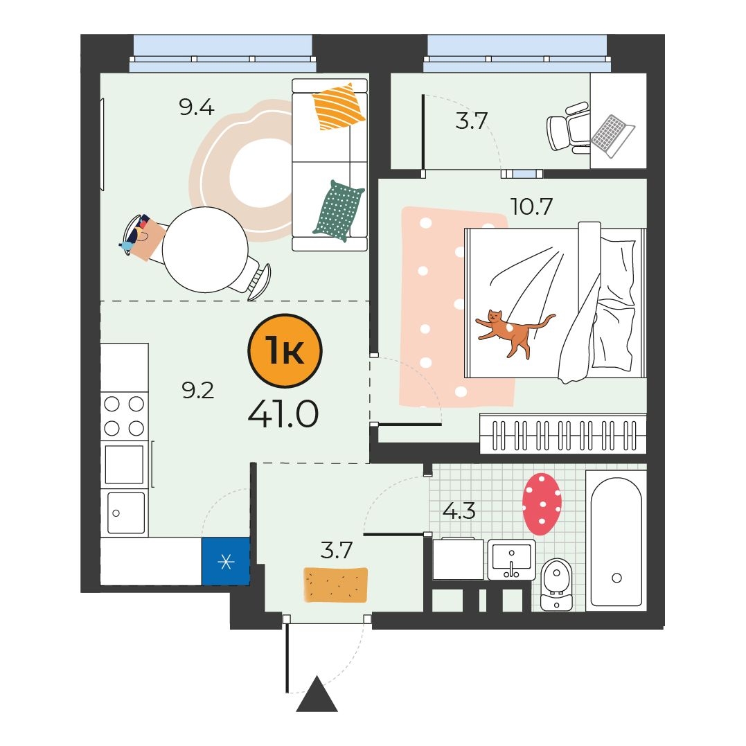 Планировка: Евродвушка 41 м² в ЖК Корней, Южный