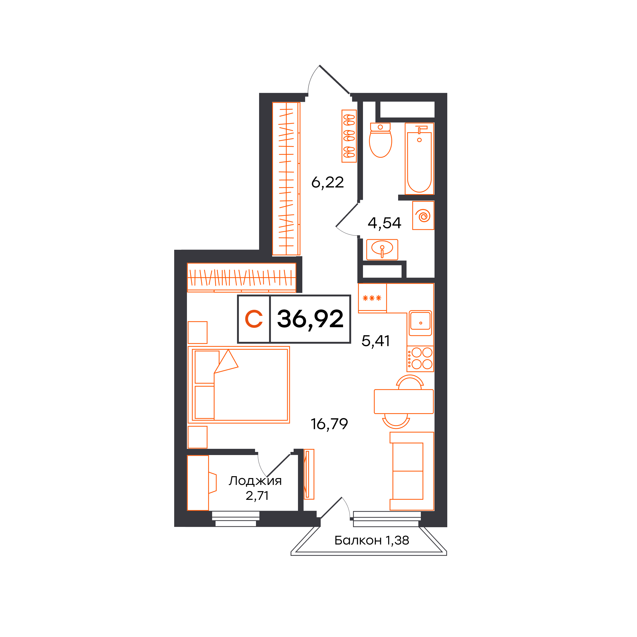 Планировка: Студия 36.9 м² в ЖК Отличие, Комарово Парк