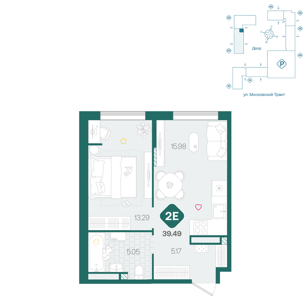 Планировка: Евродвушка 39.5 м² в ЖК Сибирский, Московский тракт