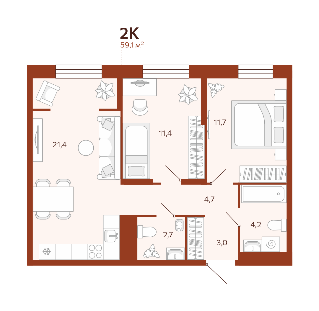 Планировка: Евротрешка 59.1 м² в ЖК Новатор, Центр: КПД