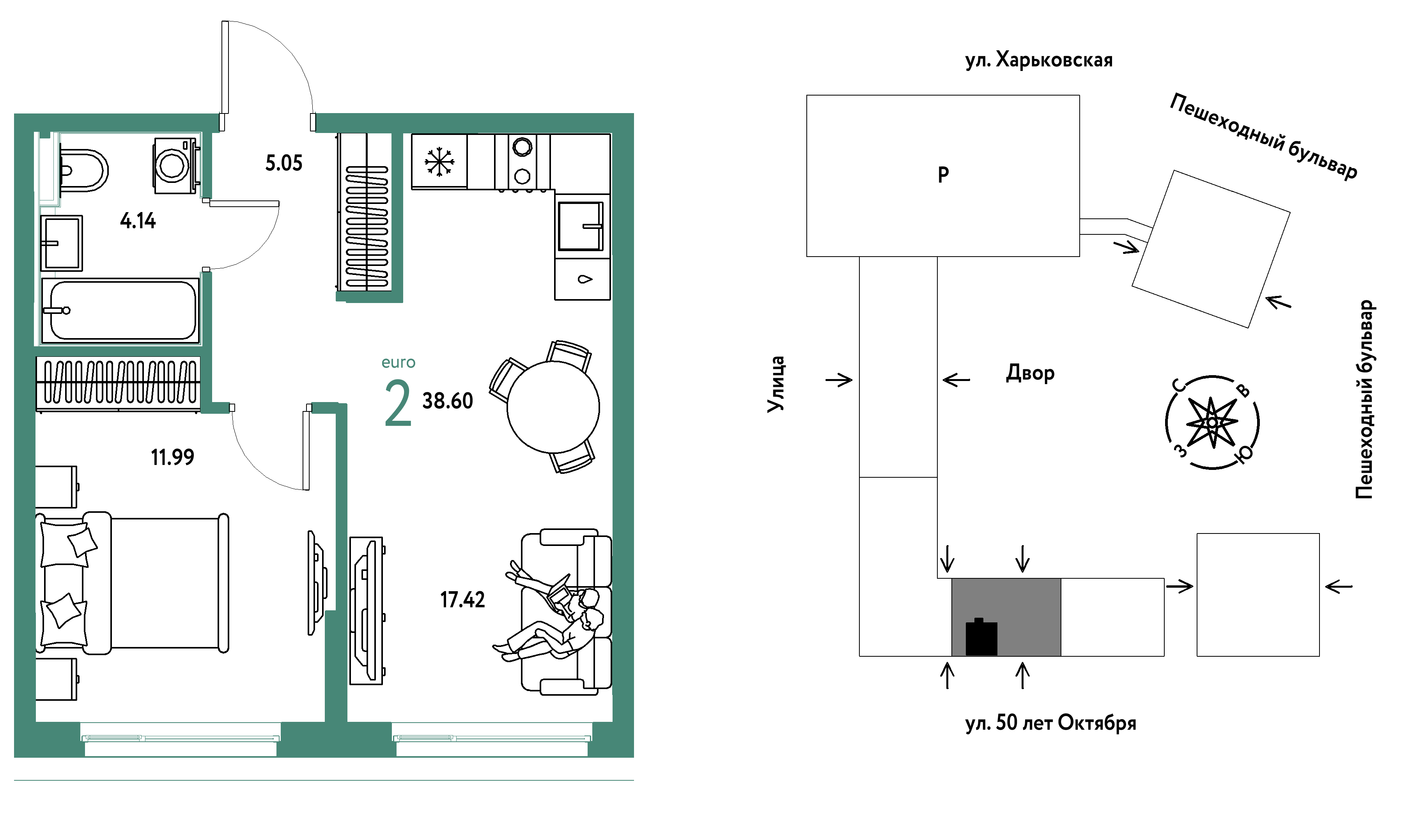 Планировка: Евродвушка 38.6 м² в ЖК Сердце Сибири, Центр: КПД