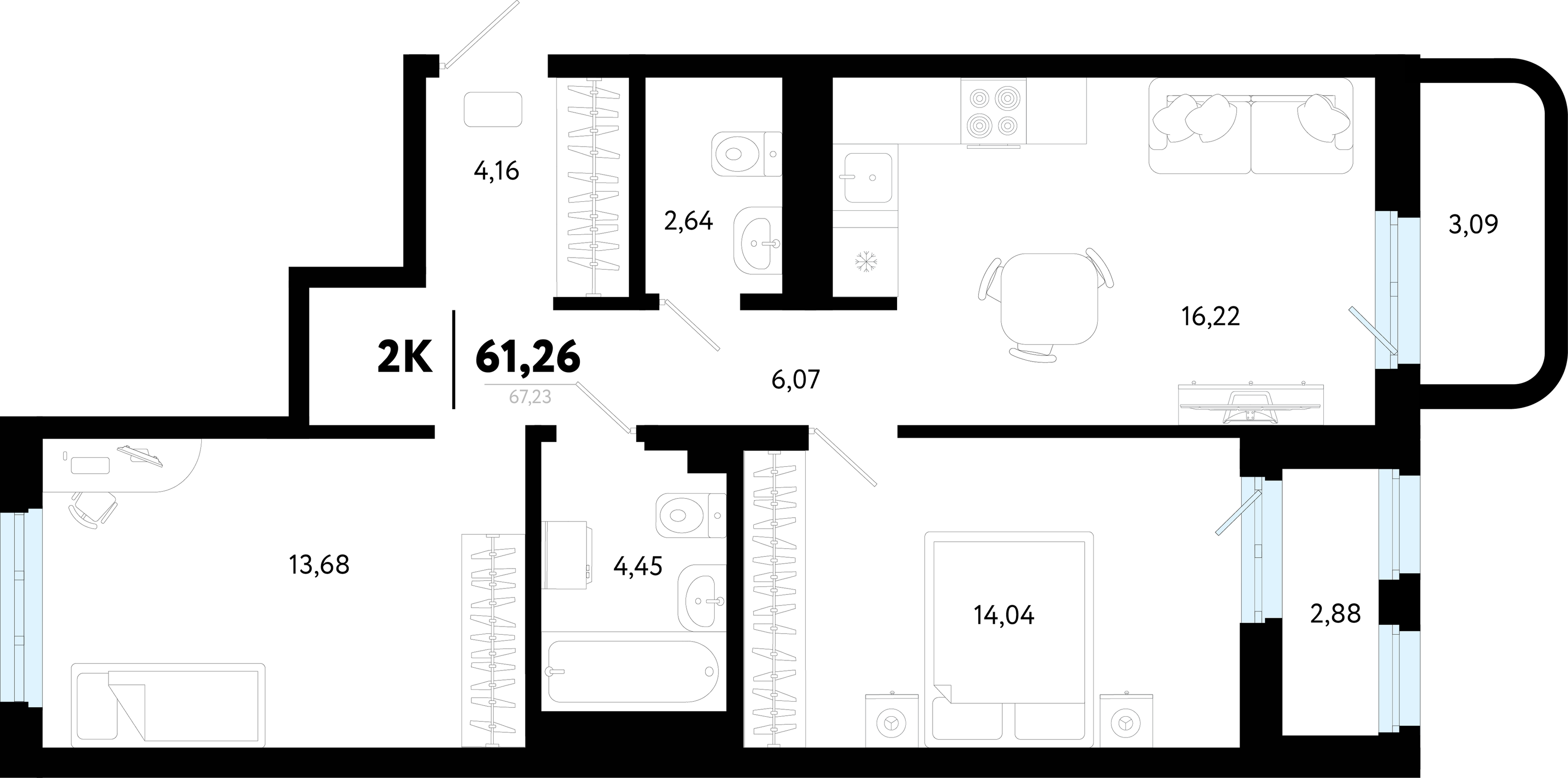 Планировка: Евротрешка 61.3 м² в ЖК Символ, Комарово Парк