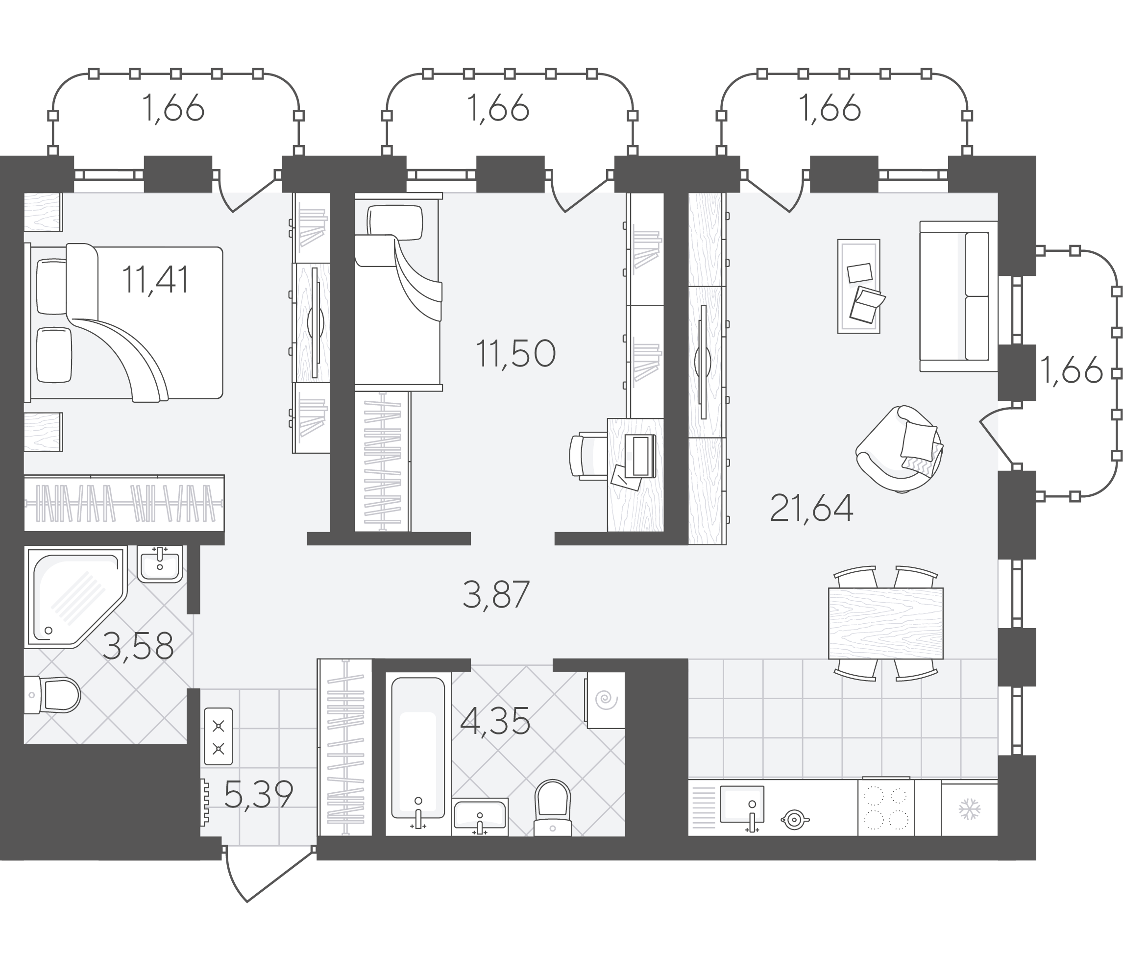 Планировка: Евротрешка 68.4 м² в ЖК Скандиа. Квартал в Слободе, Тюменская слобода