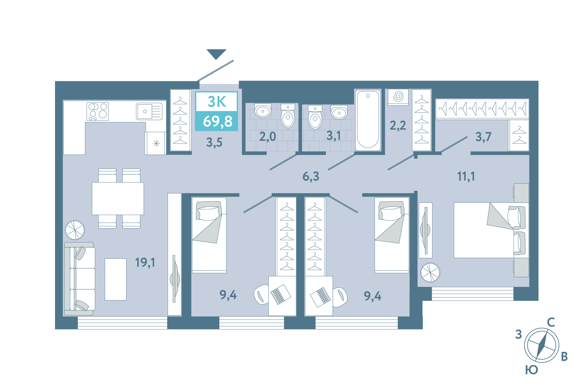Планировка: 4-комнатная евро 69.8 м² в ЖК AIRIS, Комарово Парк