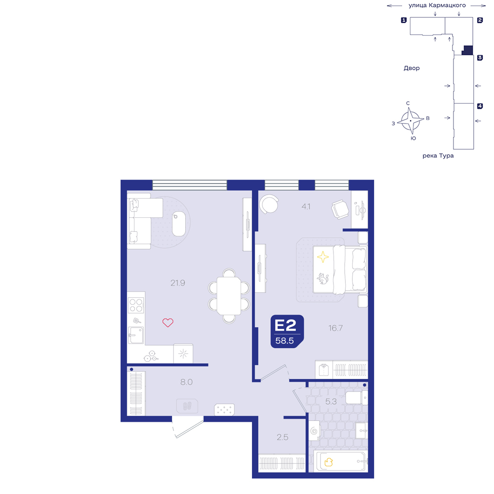 Планировка: Евродвушка 58.5 м² в ЖК Космо, 5-й Заречный