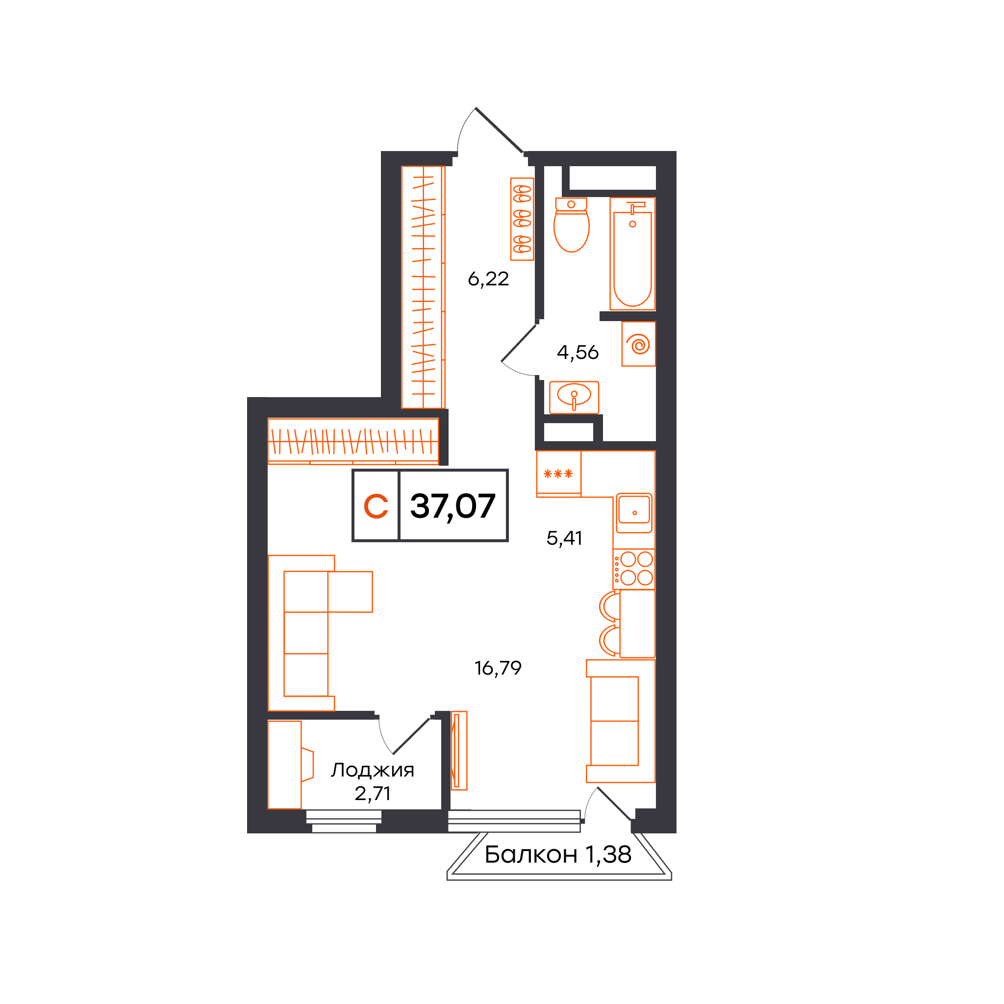 Планировка: Студия 37 м² в ЖК Отличие, Комарово Парк