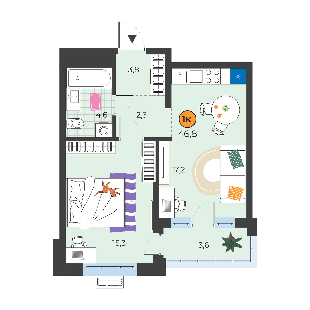 Планировка: Евродвушка 44.3 м² в ЖК Корней, Южный