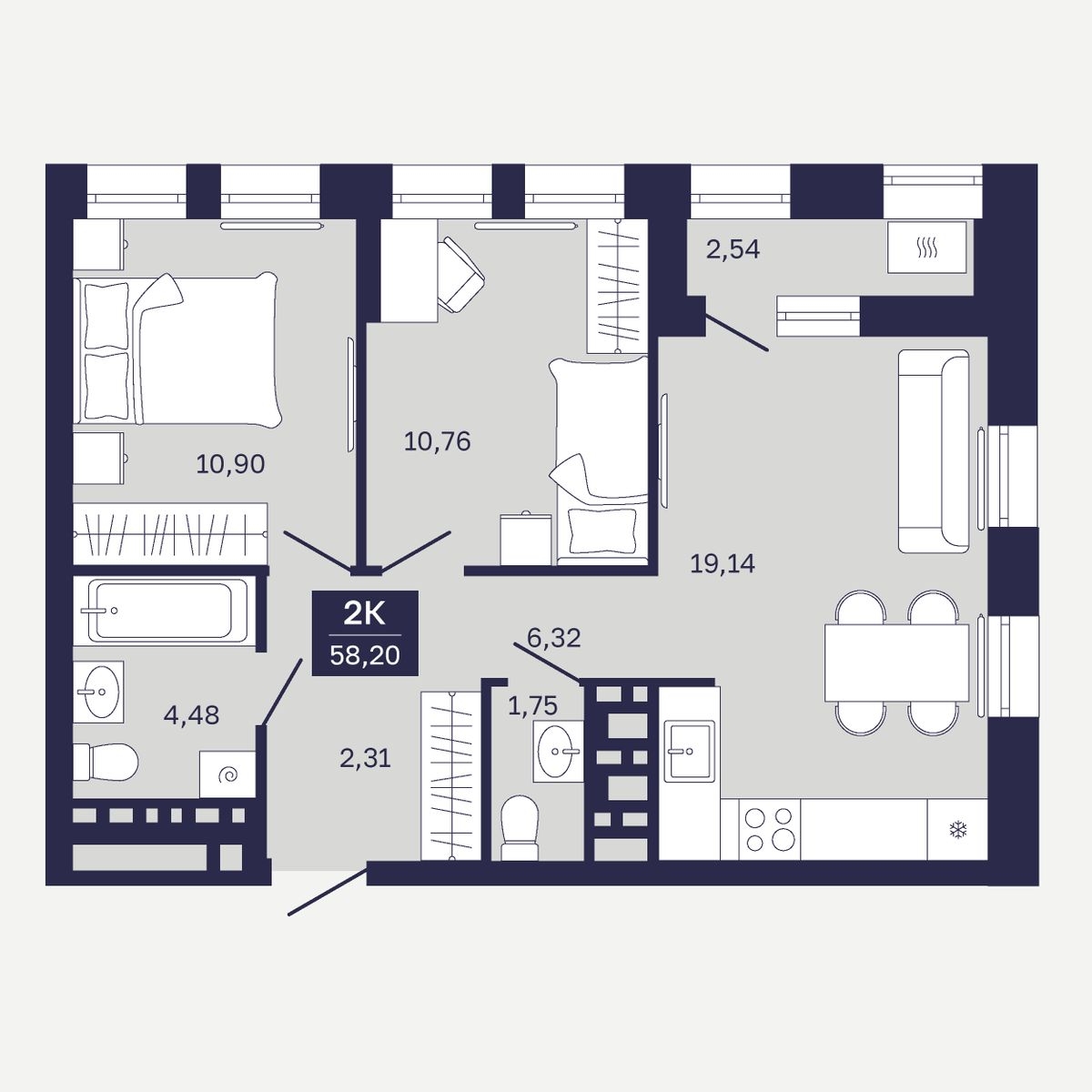 Планировка: Евротрешка 58.2 м² в ЖК Дом на Ямской, Дом Обороны