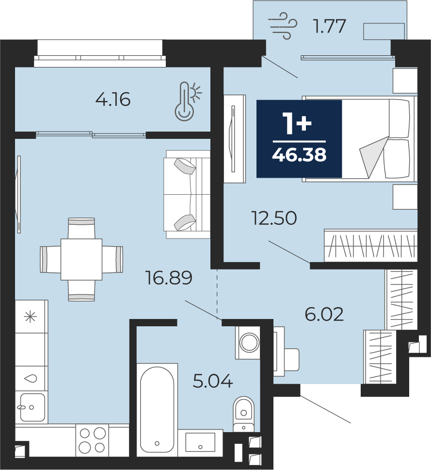 Планировка: Евродвушка 44.6 м² в ЖК Беринг, Лесобаза