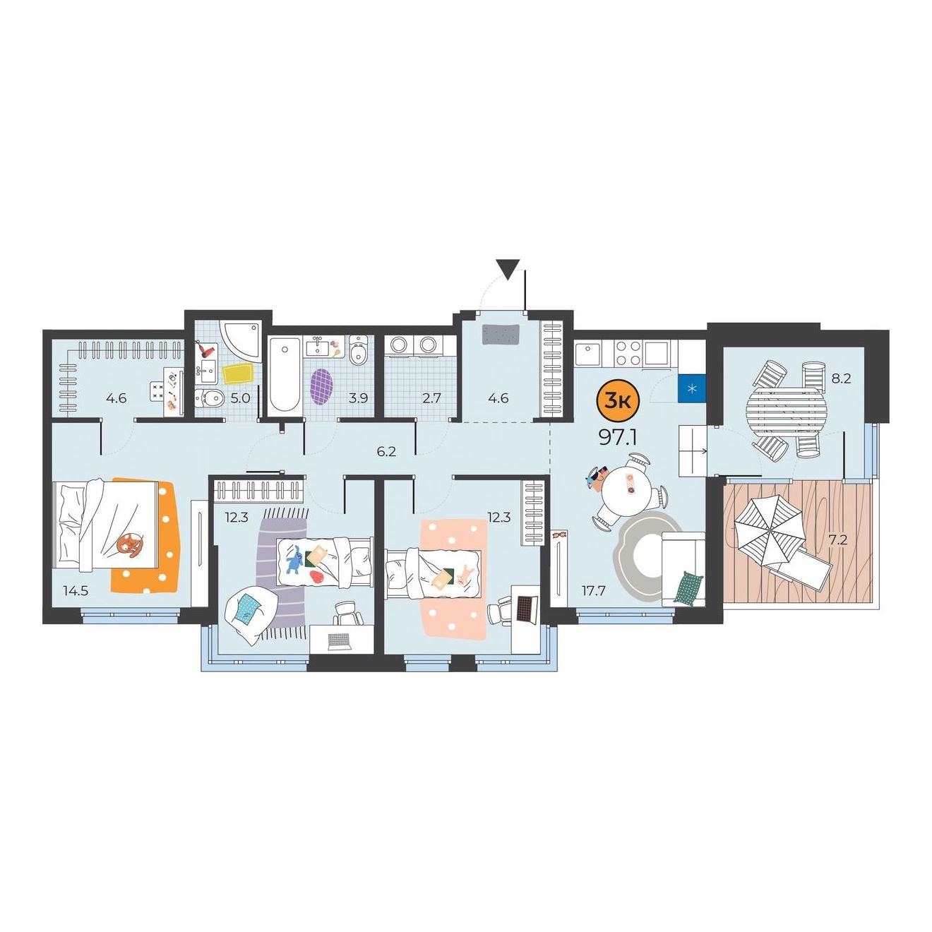 Планировка: 4-комнатная евро 92.1 м² в ЖК Корней, Южный