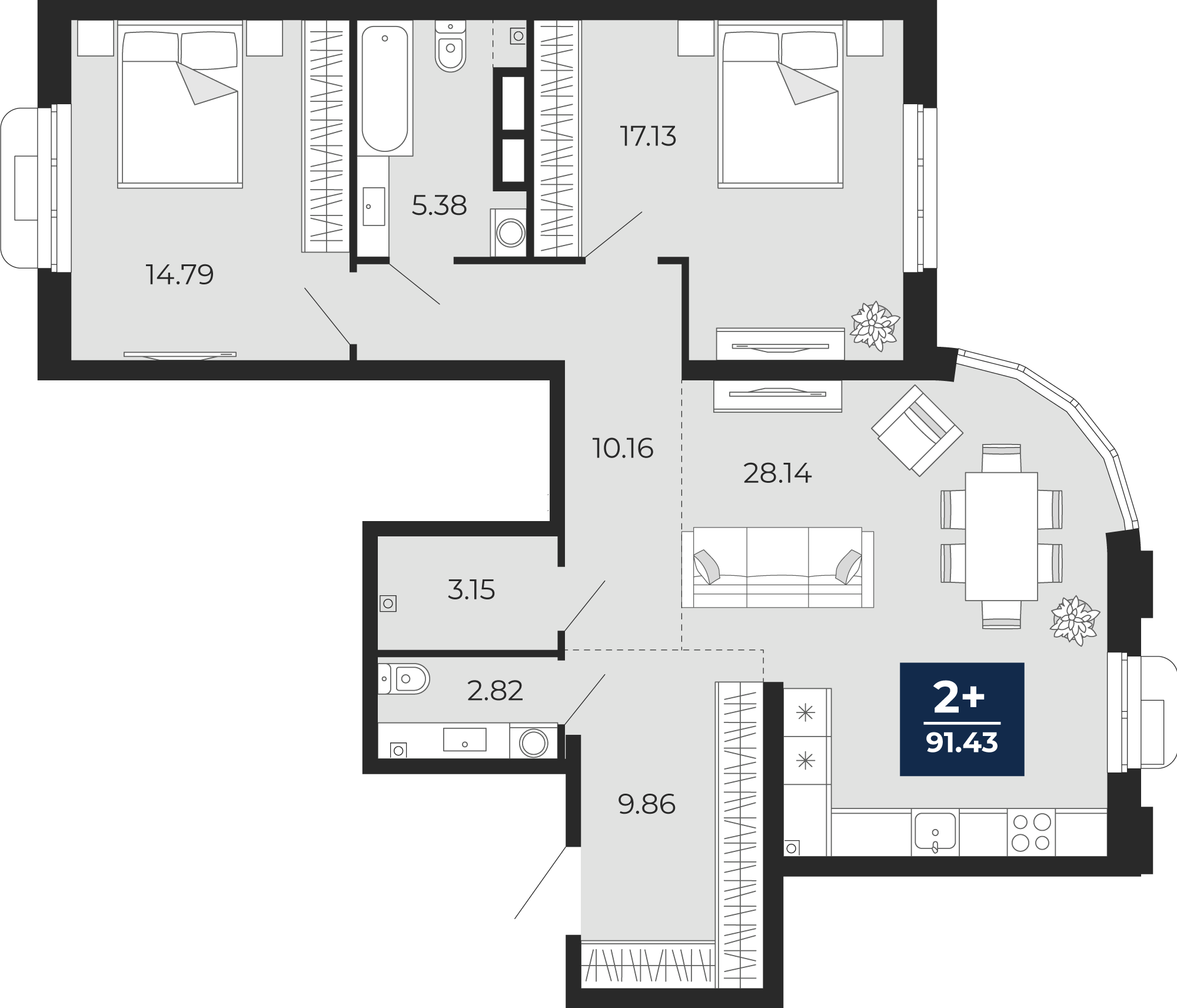Планировка: Евротрешка 91.4 м² в ЖК Айвазовский, 5-й Заречный