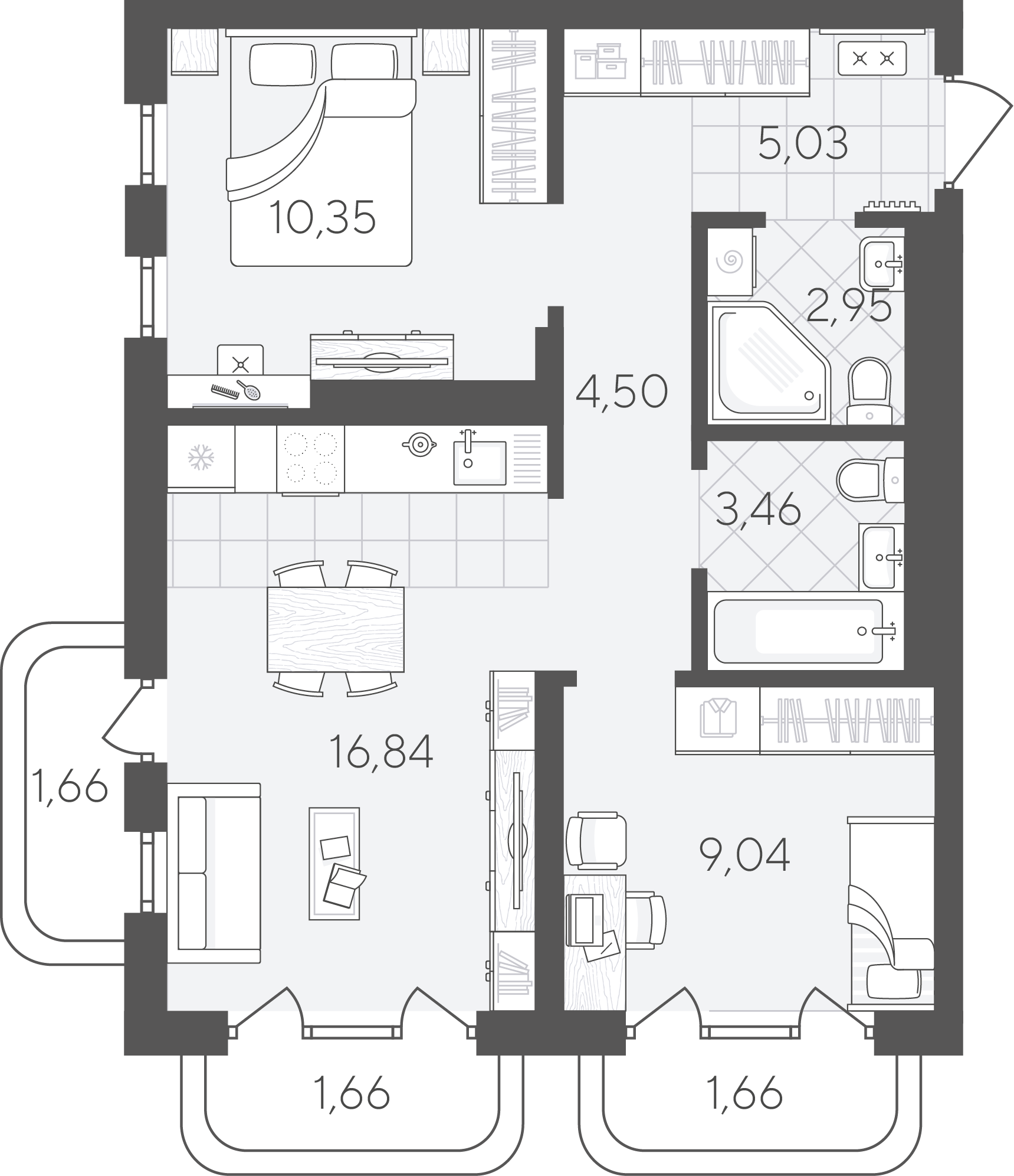 Планировка: Евротрешка 57.1 м² в ЖК Скандиа. Квартал в Слободе, Тюменская слобода