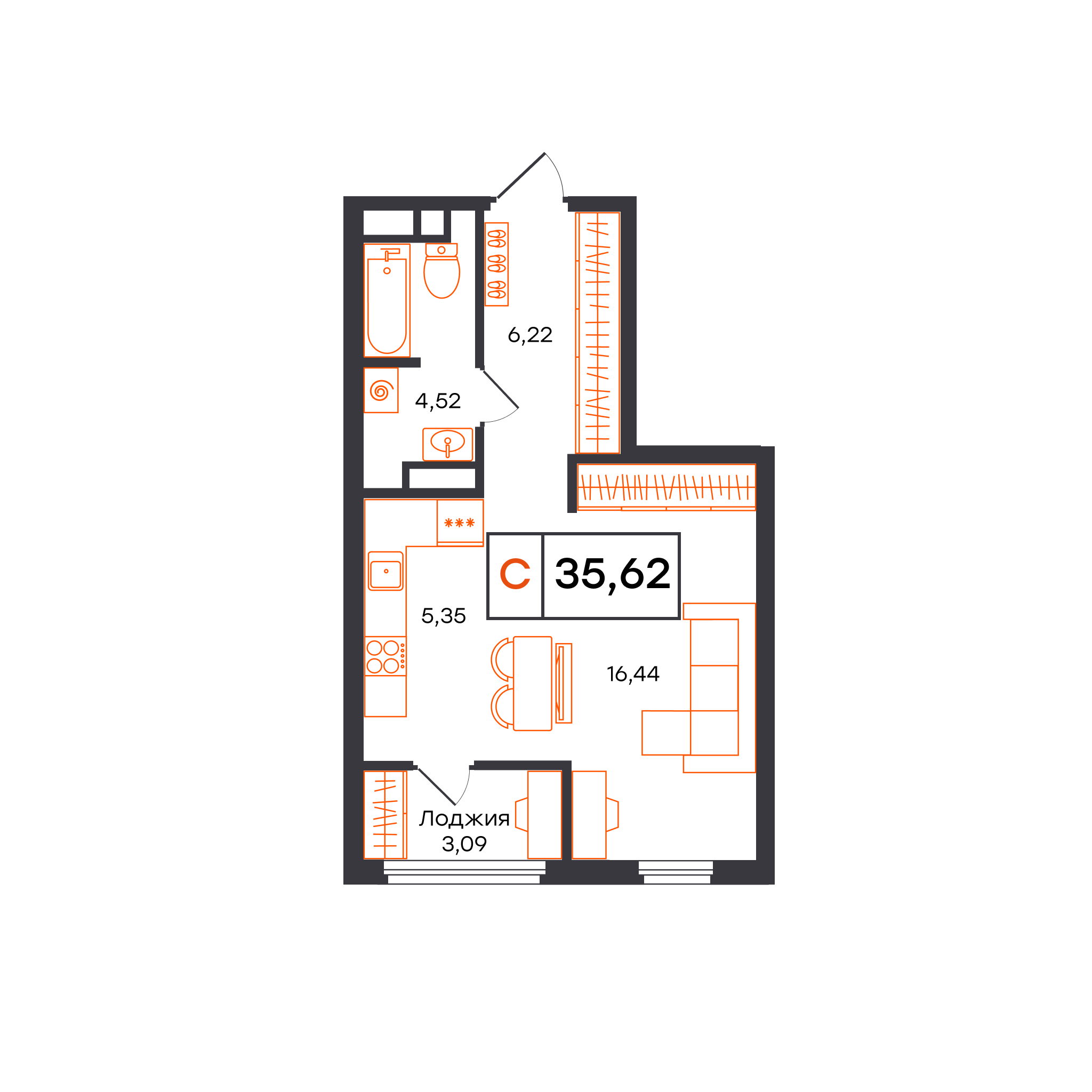Планировка: Студия 35.6 м² в ЖК Отличие, Комарово Парк