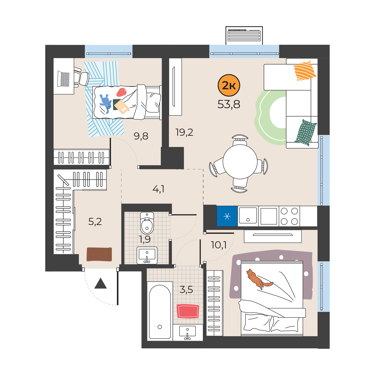 Планировка: Евротрешка 53.8 м² в ЖК Корней, Южный
