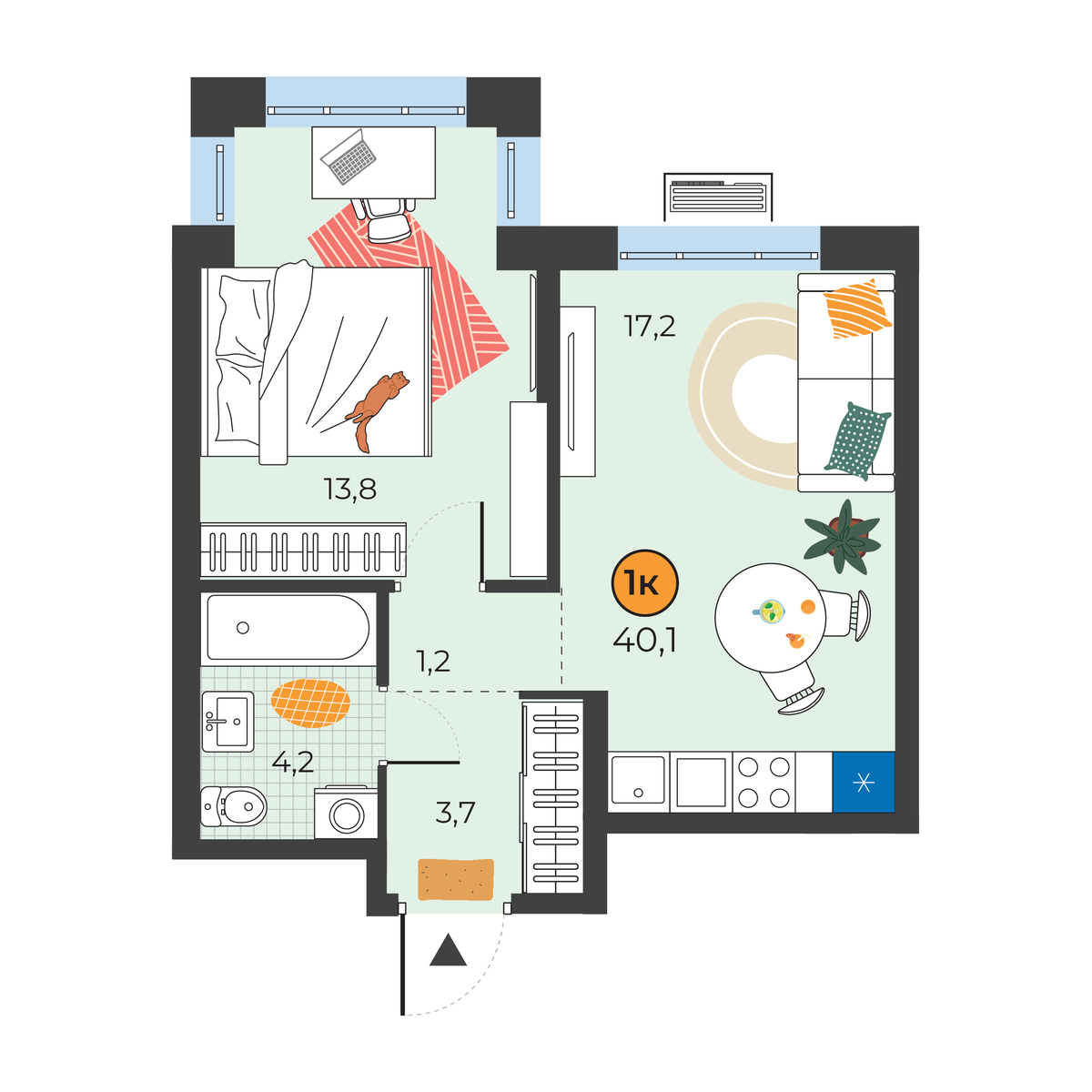 Планировка: Евродвушка 40.1 м² в ЖК Корней, Южный