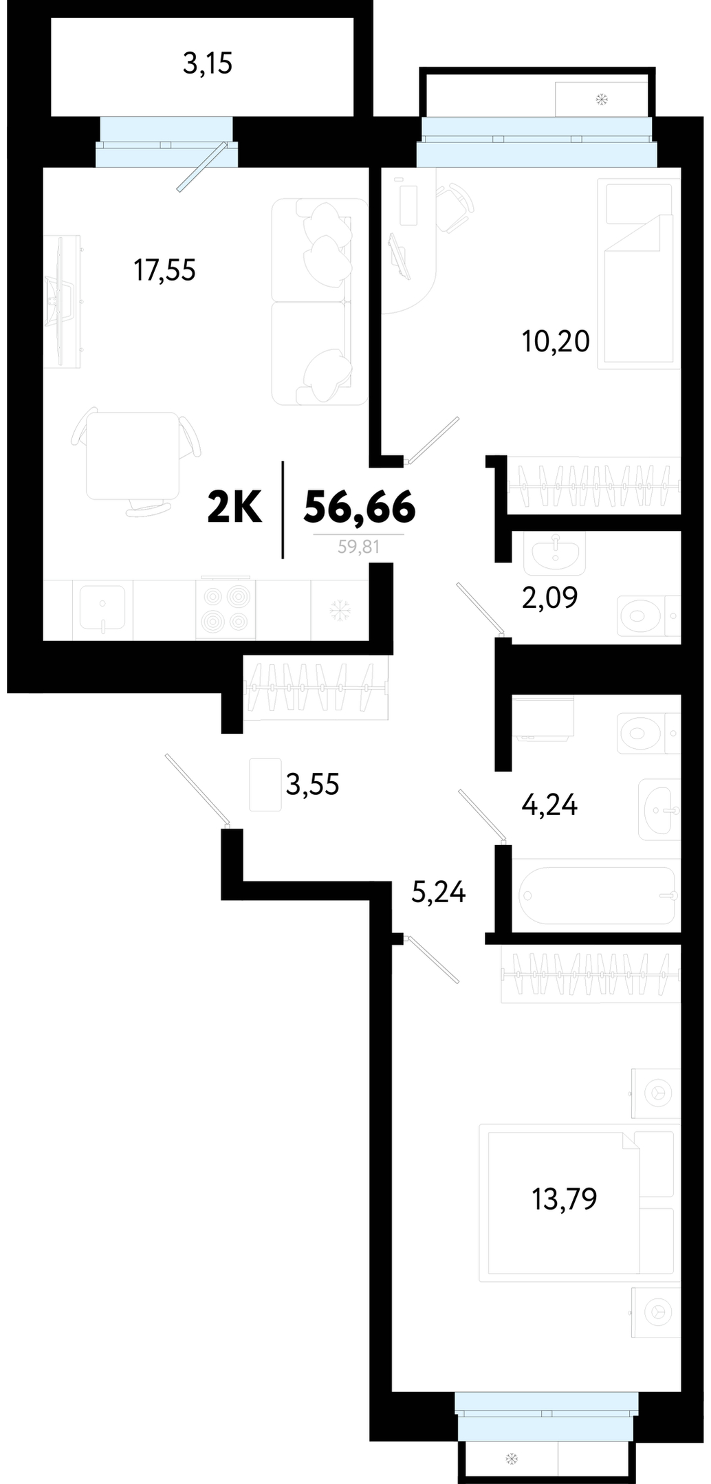 Планировка: Евротрешка 56.7 м² в ЖК Символ, Комарово Парк