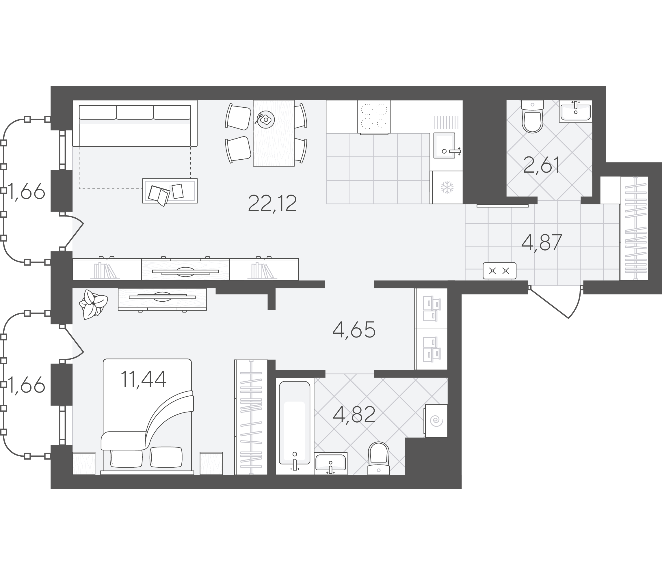 Планировка: Евродвушка 53.8 м² в ЖК Скандиа. Квартал в Слободе, Тюменская слобода