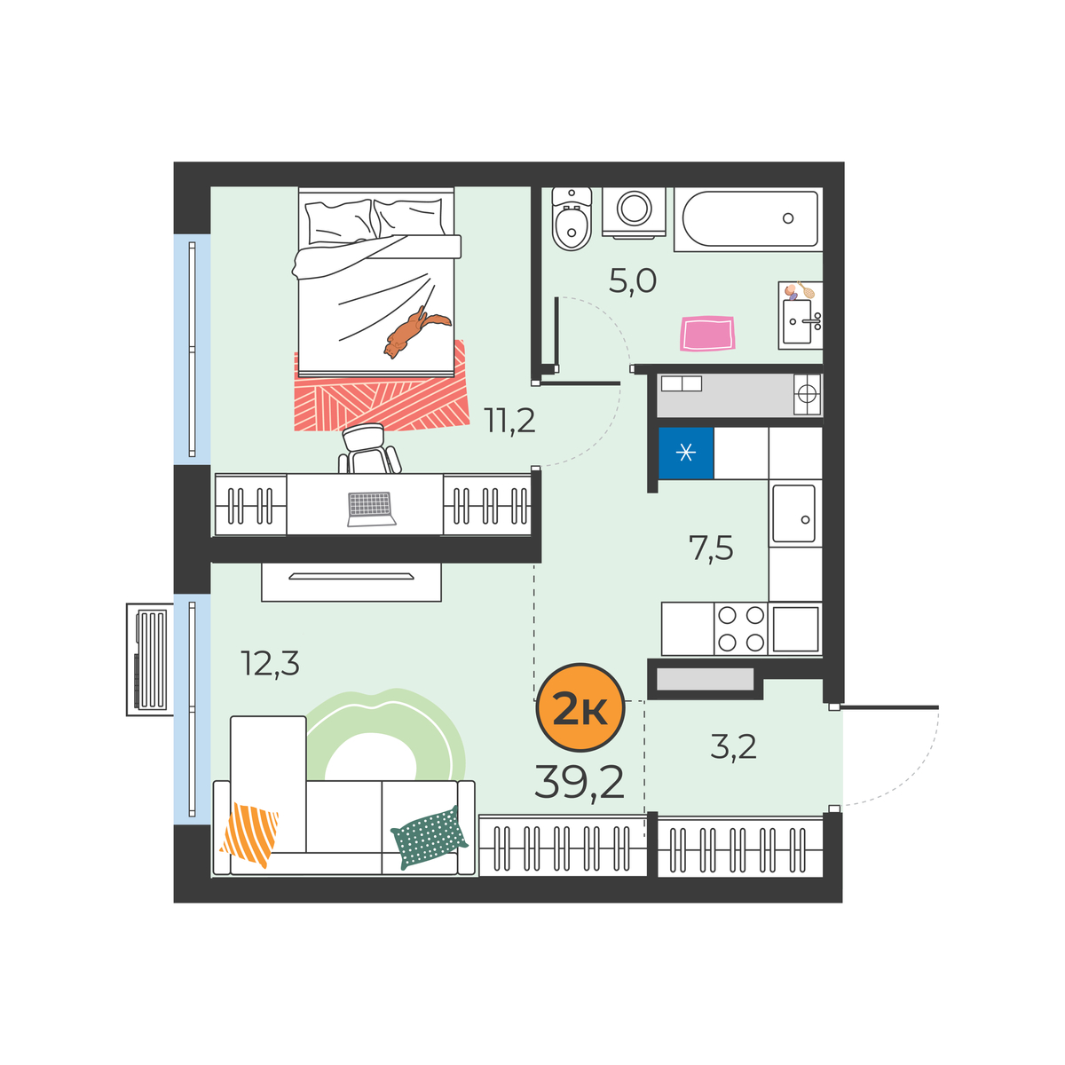 Планировка: Евродвушка 39.2 м² в ЖК Корней, Южный