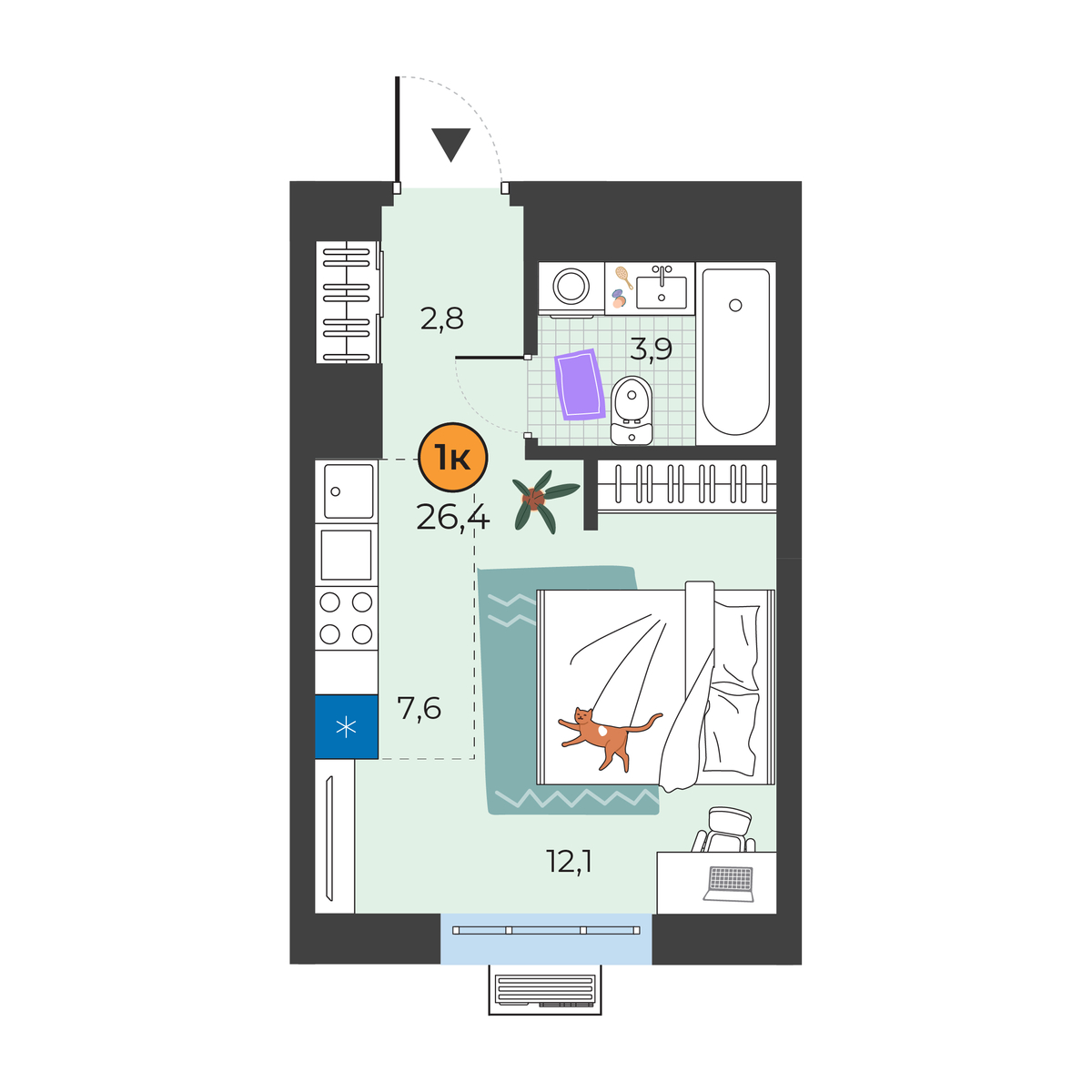 Планировка: Студия 26.4 м² в ЖК Корней, Южный