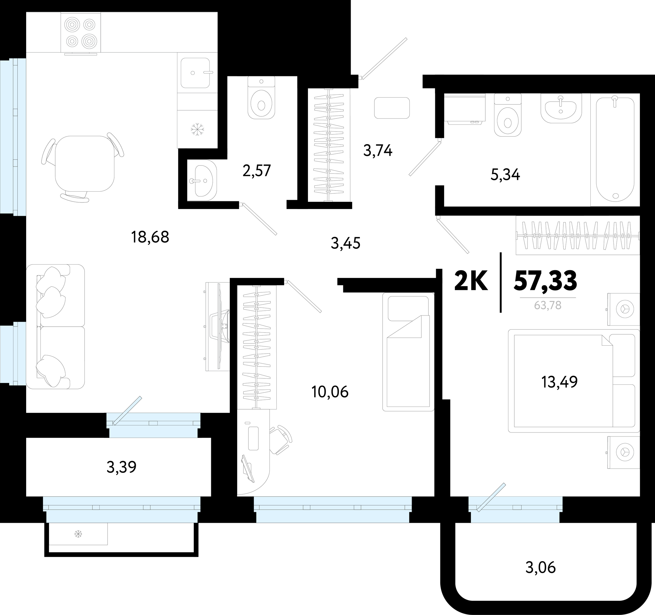 Планировка: Евротрешка 57.3 м² в ЖК Символ, Комарово Парк