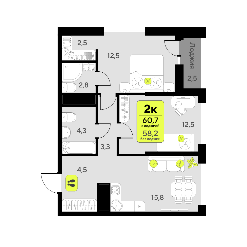 Планировка: Евротрешка 60.7 м² в ЖК Мотивы, От Плеханова до Южного