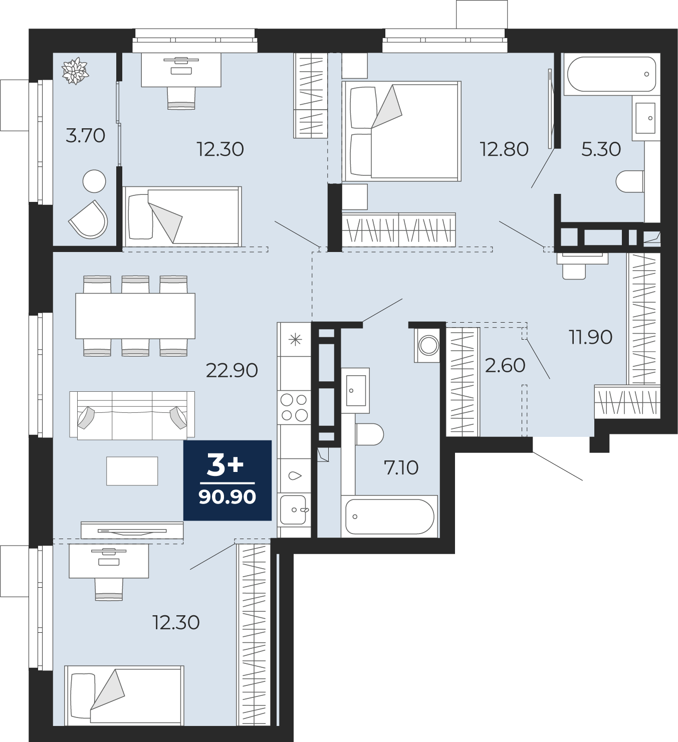 Планировка: 4-комнатная евро 87.2 м² в ЖК Айвазовский, 5-й Заречный