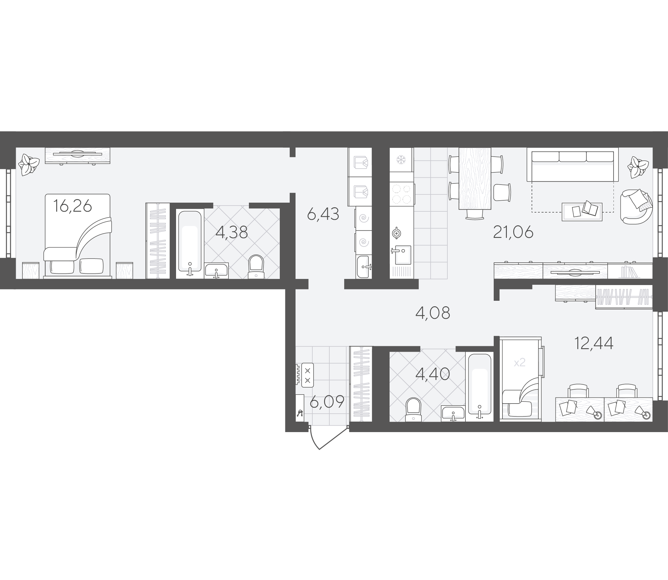 Планировка: Евротрешка 75.1 м² в ЖК Скандиа. Квартал в Слободе, Тюменская слобода