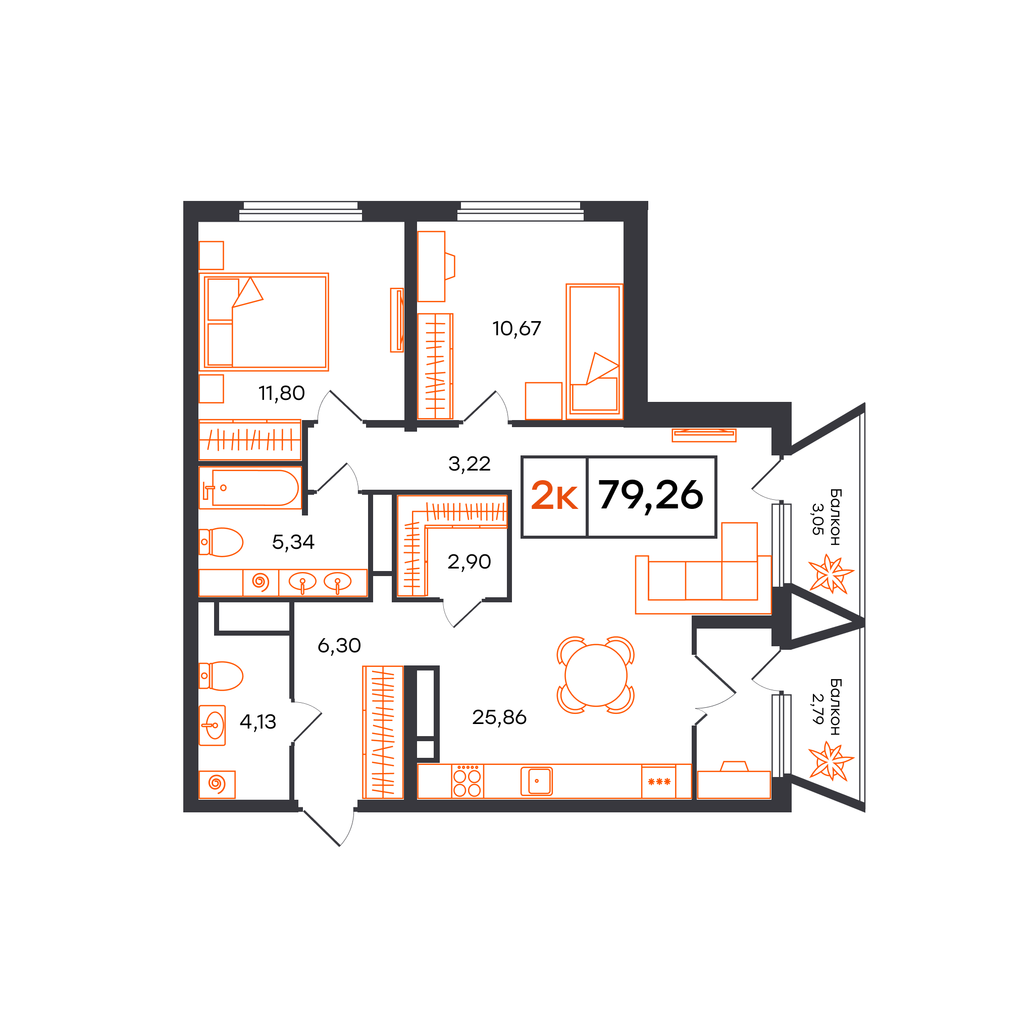 Планировка: Евротрешка 79.3 м² в ЖК Отличие, Комарово Парк