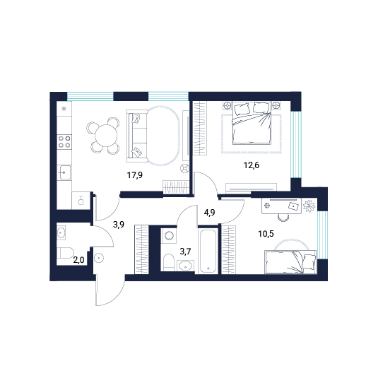 Планировка: Евротрешка 55.5 м² в ЖК AIRIS, Комарово Парк