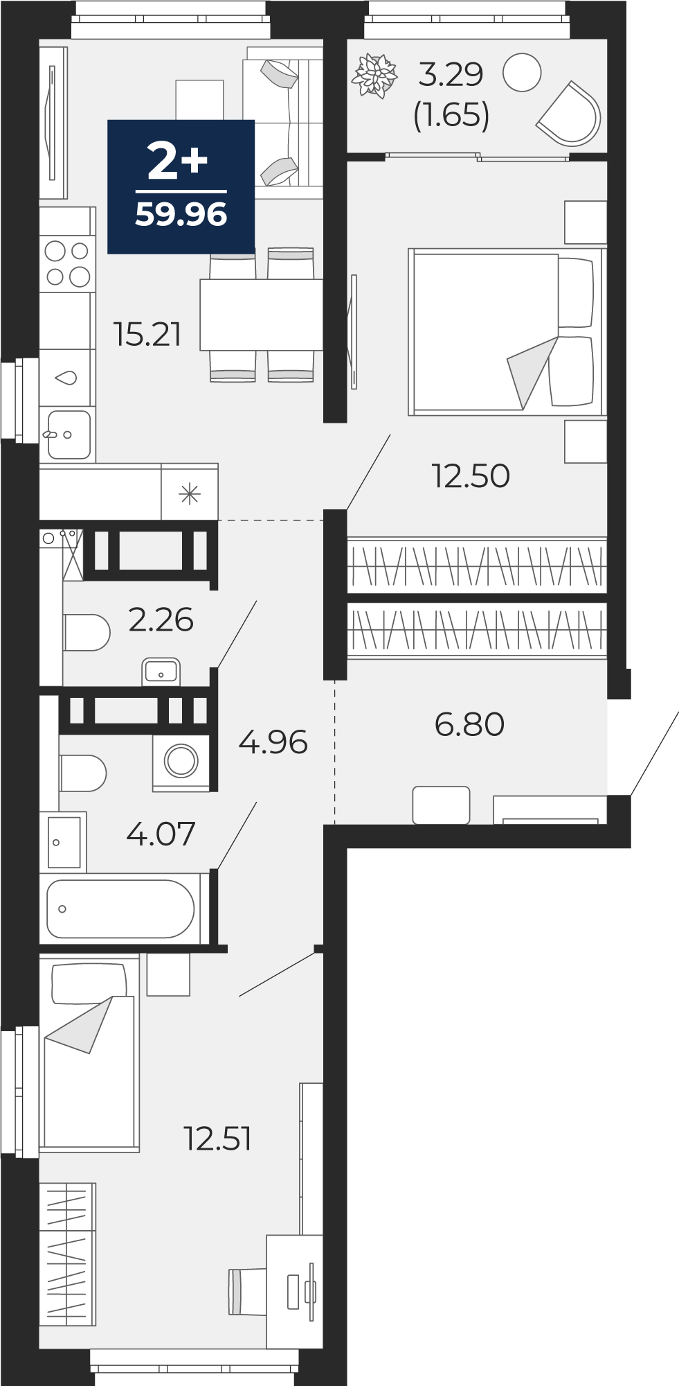 Планировка: Евротрешка 58.3 м² в ЖК Беринг, Лесобаза