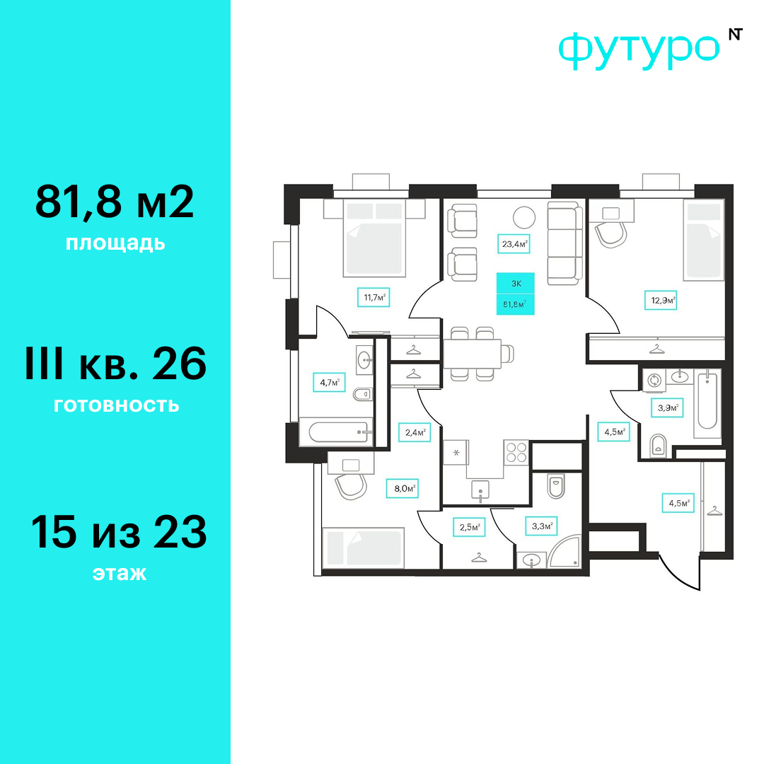 Планировка: 4-комнатная евро 81.8 м² в ЖК Futuro, Червишевский тракт