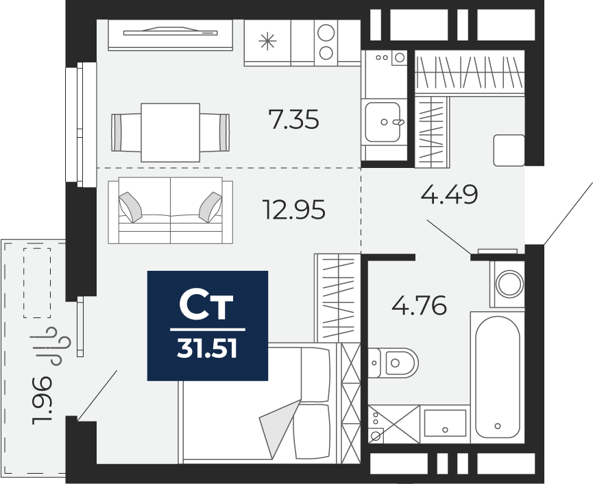 Планировка: Студия 29.6 м² в ЖК Мириады, Мыс
