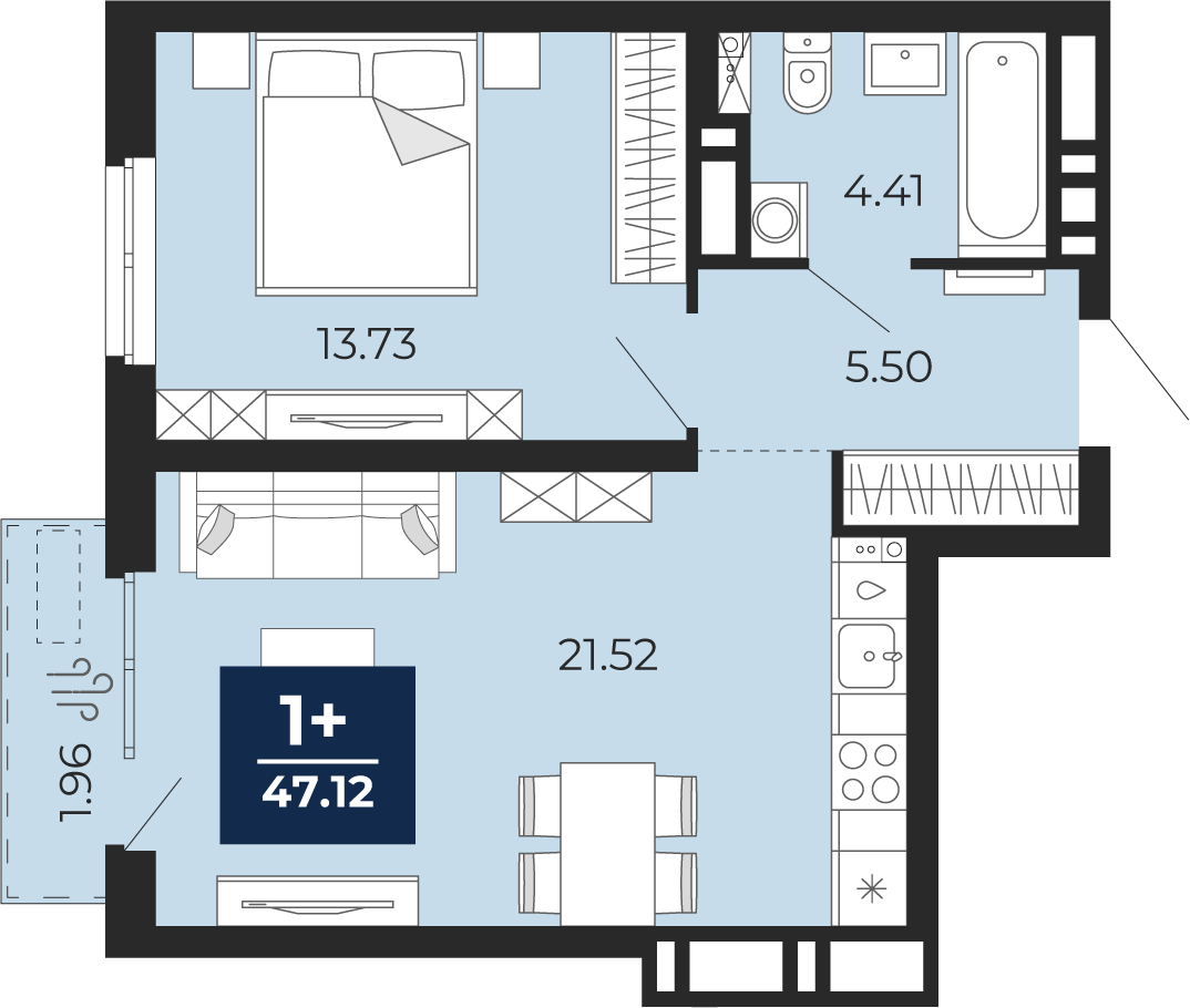 Планировка: Евродвушка 45.2 м² в ЖК Мириады, Мыс