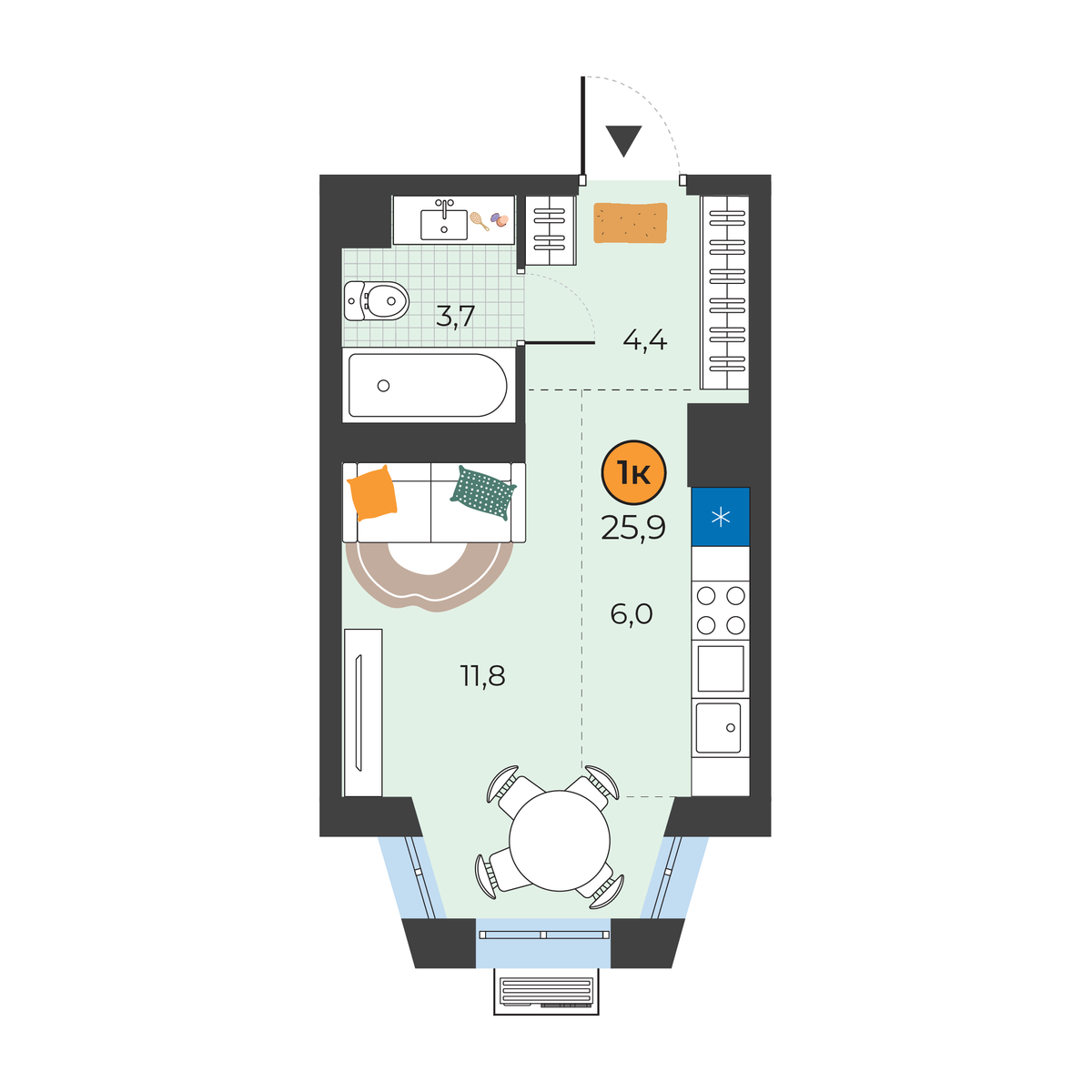 Планировка: Студия 25.9 м² в ЖК Корней, Южный